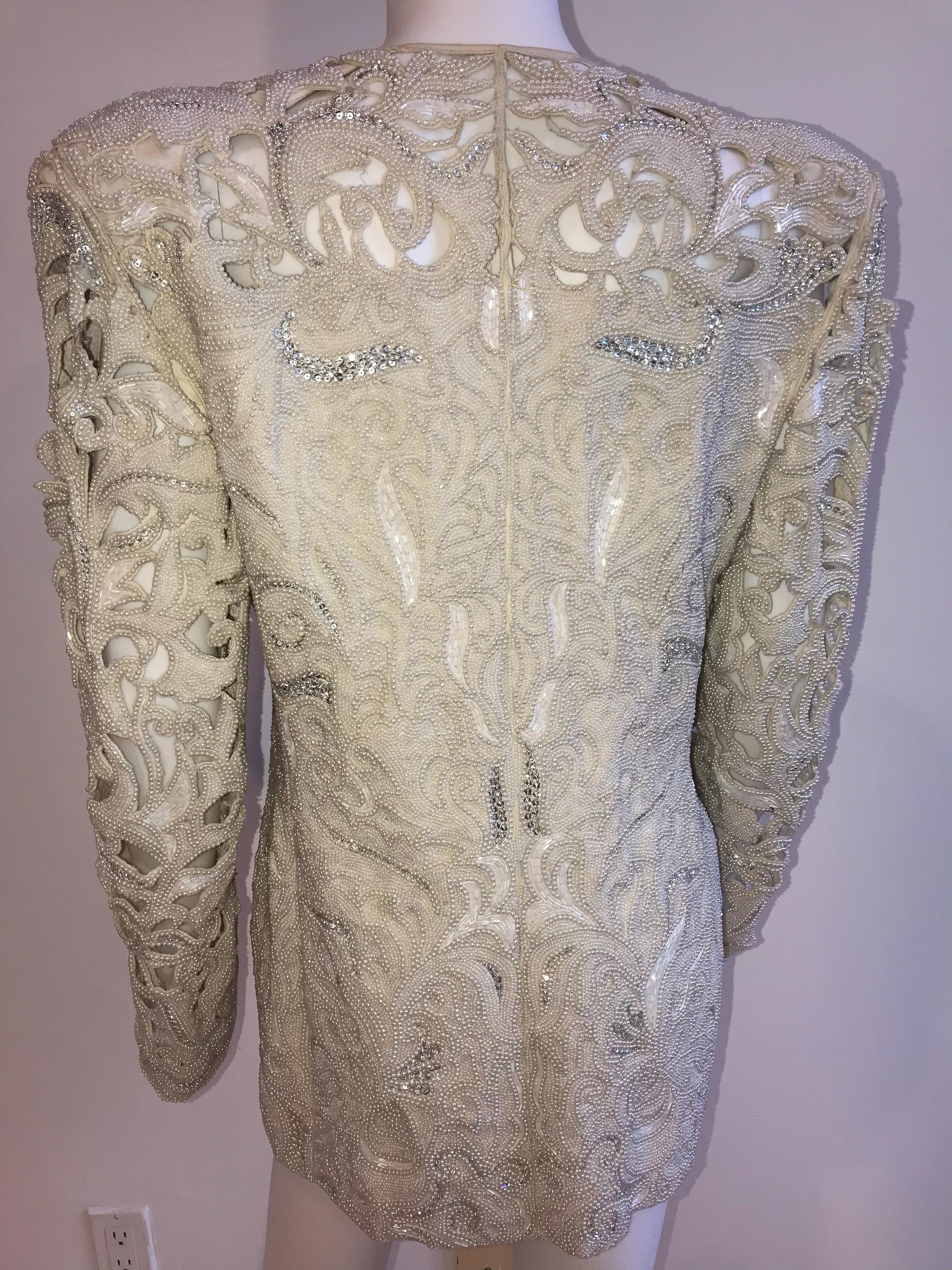 Genny by Gianni Versace Intricate Pearl and Diamond Beaded Cutout Ivory Jacket In Good Condition For Sale In Brooklyn, NY