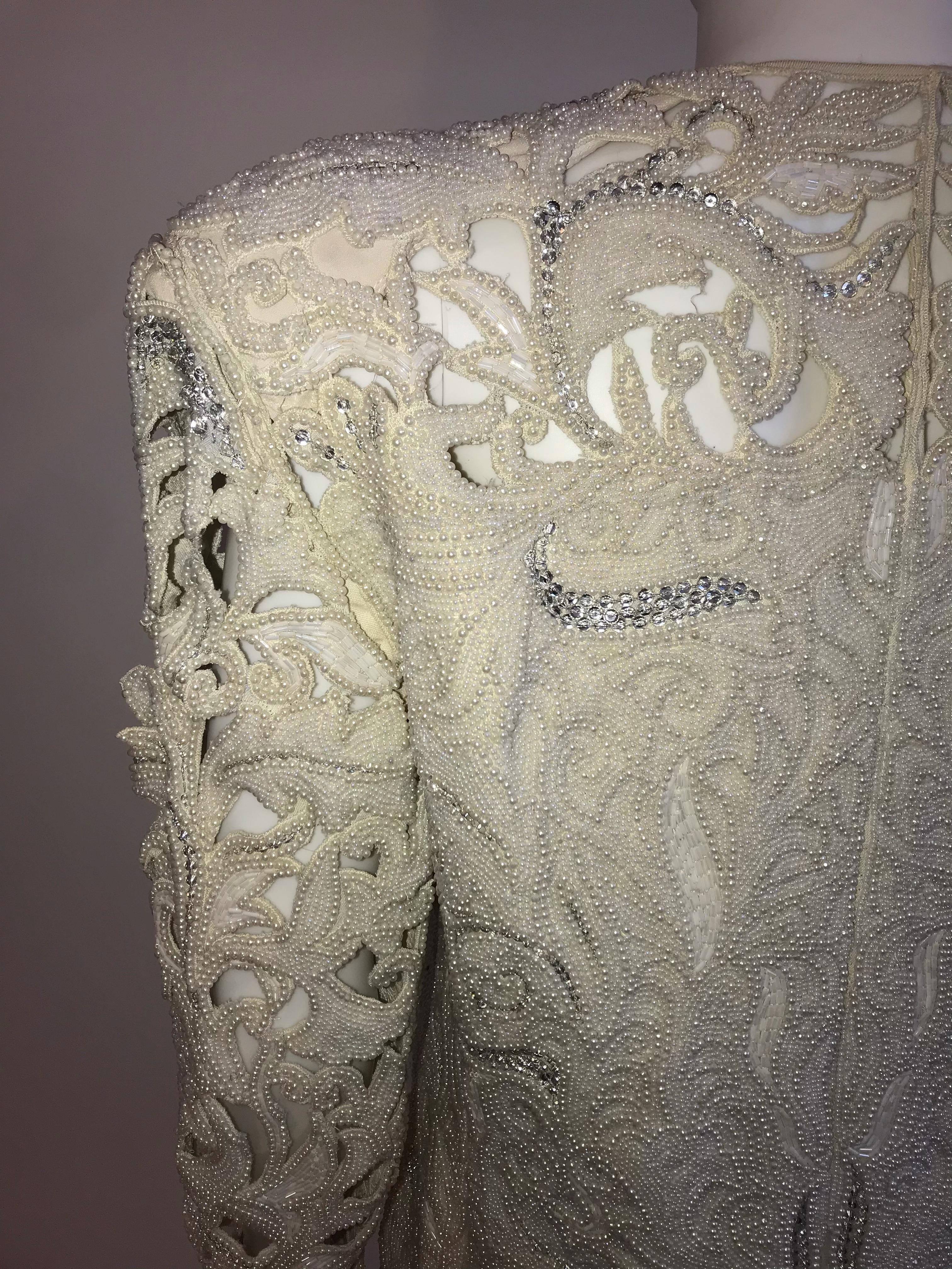 Genny by Gianni Versace Intricate Pearl and Diamond Beaded Cutout Ivory Jacket For Sale 1