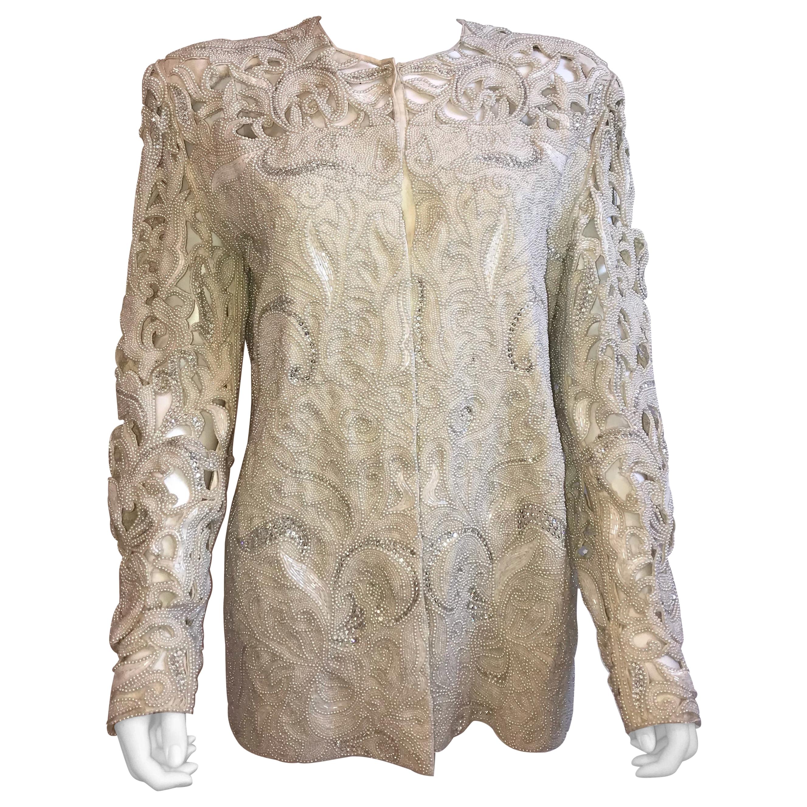 Genny by Gianni Versace Intricate Pearl and Diamond Beaded Cutout Ivory Jacket For Sale