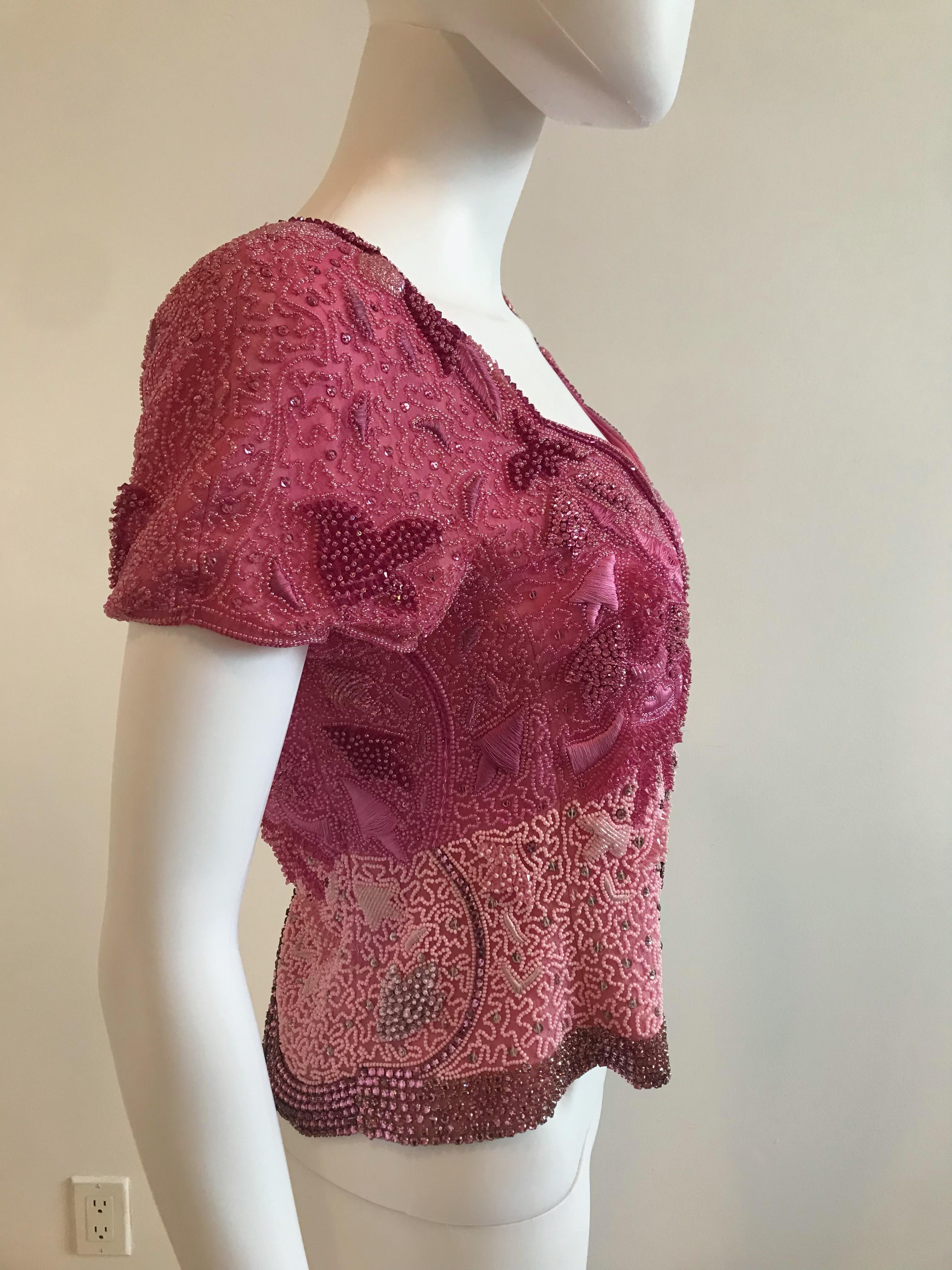 Genny by Gianni Versace Pink Beaded Diamond Embroidered Short Sleeve Jacket In Good Condition For Sale In Brooklyn, NY