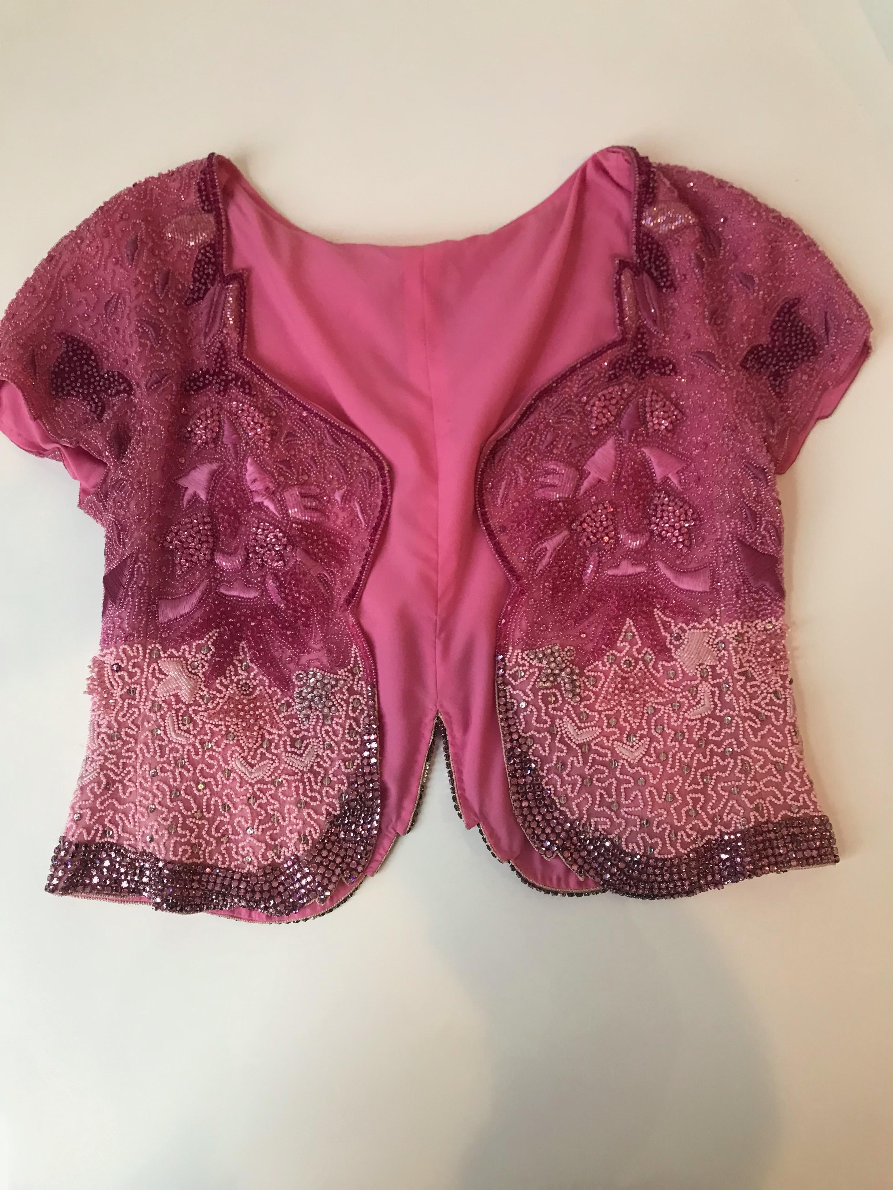 Genny by Gianni Versace Pink Beaded Diamond Embroidered Short Sleeve Jacket For Sale 2