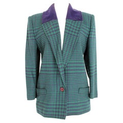 Genny By Versace Blue Green Cashmere Wool Check Blazer