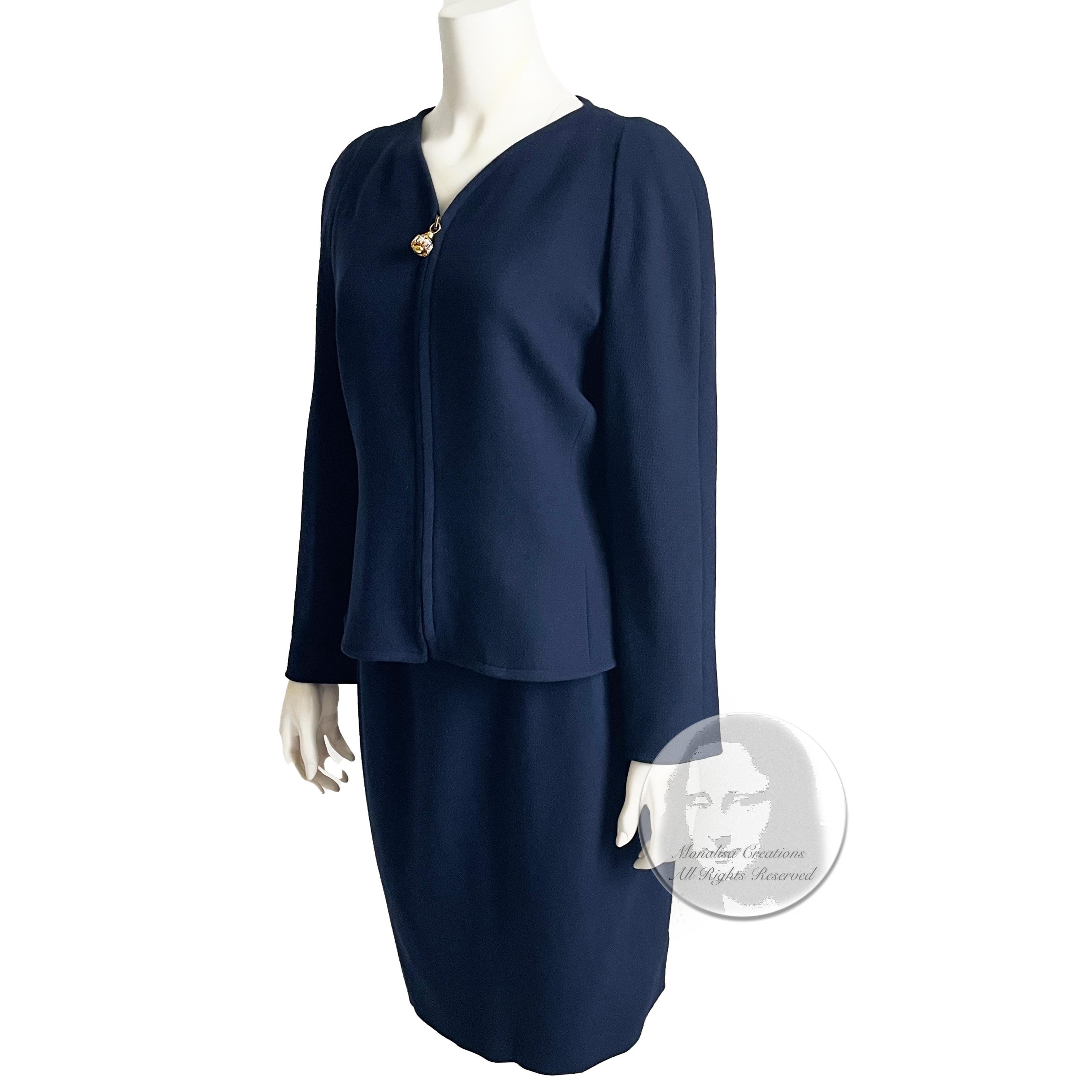 Genny Italy Suit 2pc Zip Jacket Pencil Skirt Navy Wool 90s Sold by Leone US 12  2