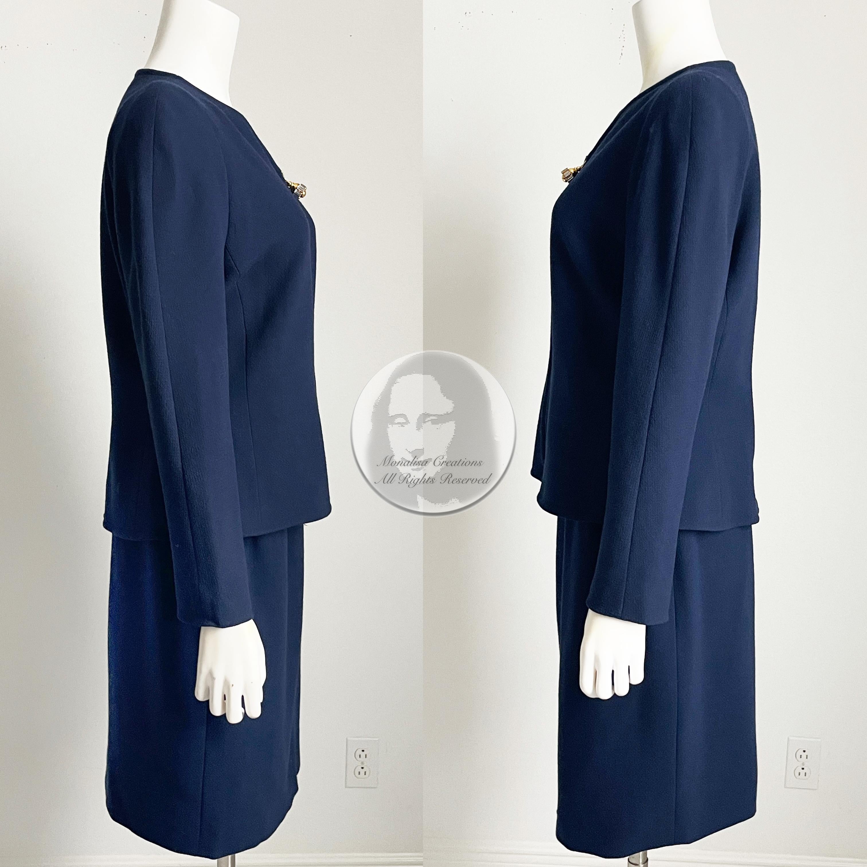 Genny Italy Suit 2pc Zip Jacket Pencil Skirt Navy Wool 90s Sold by Leone US 12  3