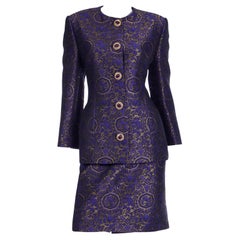 Genny Italy Vintage Purple and Bronze Jacquard Print Jacket and Skirt Suit