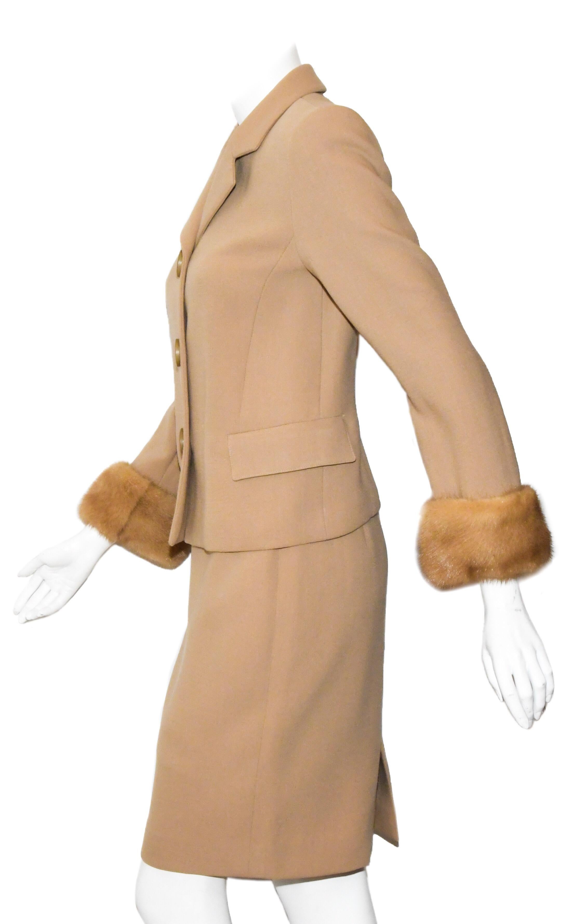 Genny Mid-Weight Wool Suit With Wide Mink Cuffs In Excellent Condition In Palm Beach, FL
