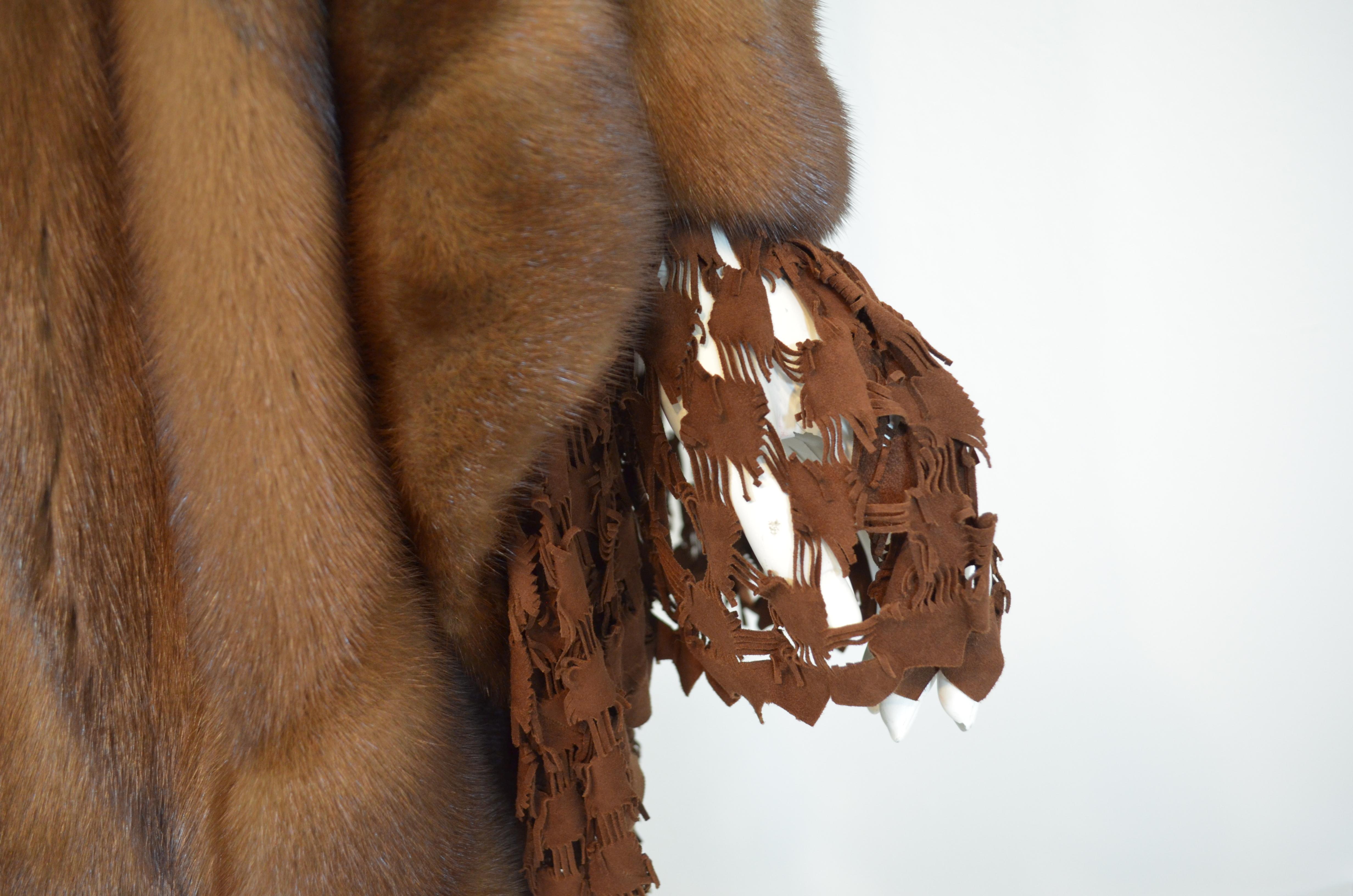 Genny Mink Fur Stole with Suede Laser Cut Trim In Excellent Condition In Carmel, CA