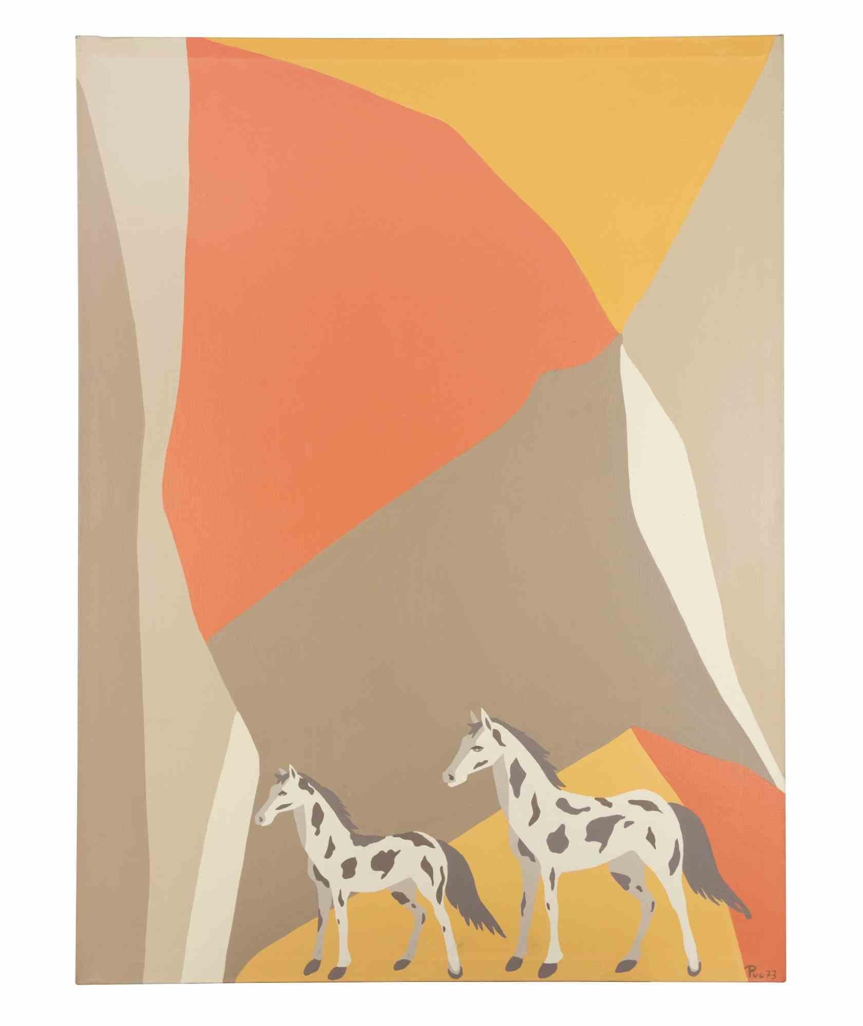 Pink and brown surface with horses is a contemporary artwork realized by Genny Puccini in 1973.

Mixed colored acrylic painting on canvas.

Hand signed and dated on the lower margin and on the back.

