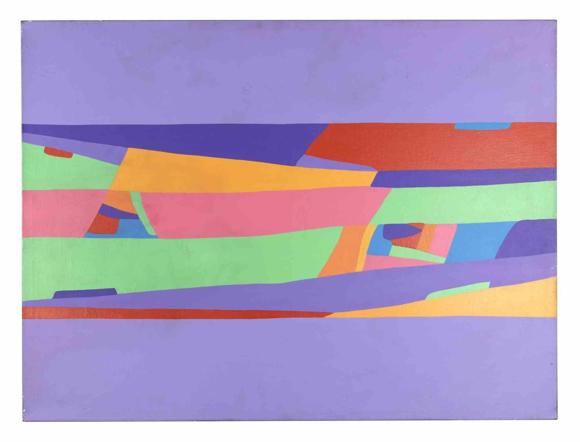 Abstrakte lila und gelbe abstrakte Oberfläche – Acryl auf Leinwand von Genny Puccini – 1976