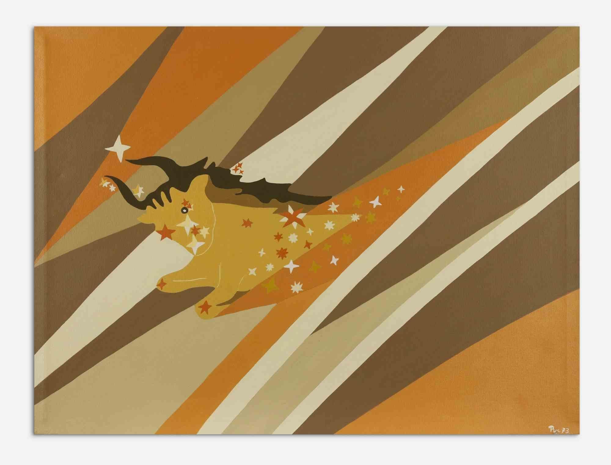 Taurus is a contemporary artwork realized by Genny Puccini in 1973.

Acrylic on canvas.

Signed and dated by the artist on the lower margin.

This colorful artwork is the perfect lively decor for your home,
