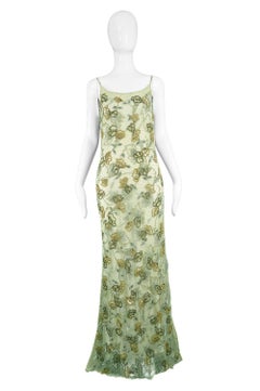 Genny Vintage Green Beaded Mesh Runway Backless Maxi Slip Dress, A / W 1998