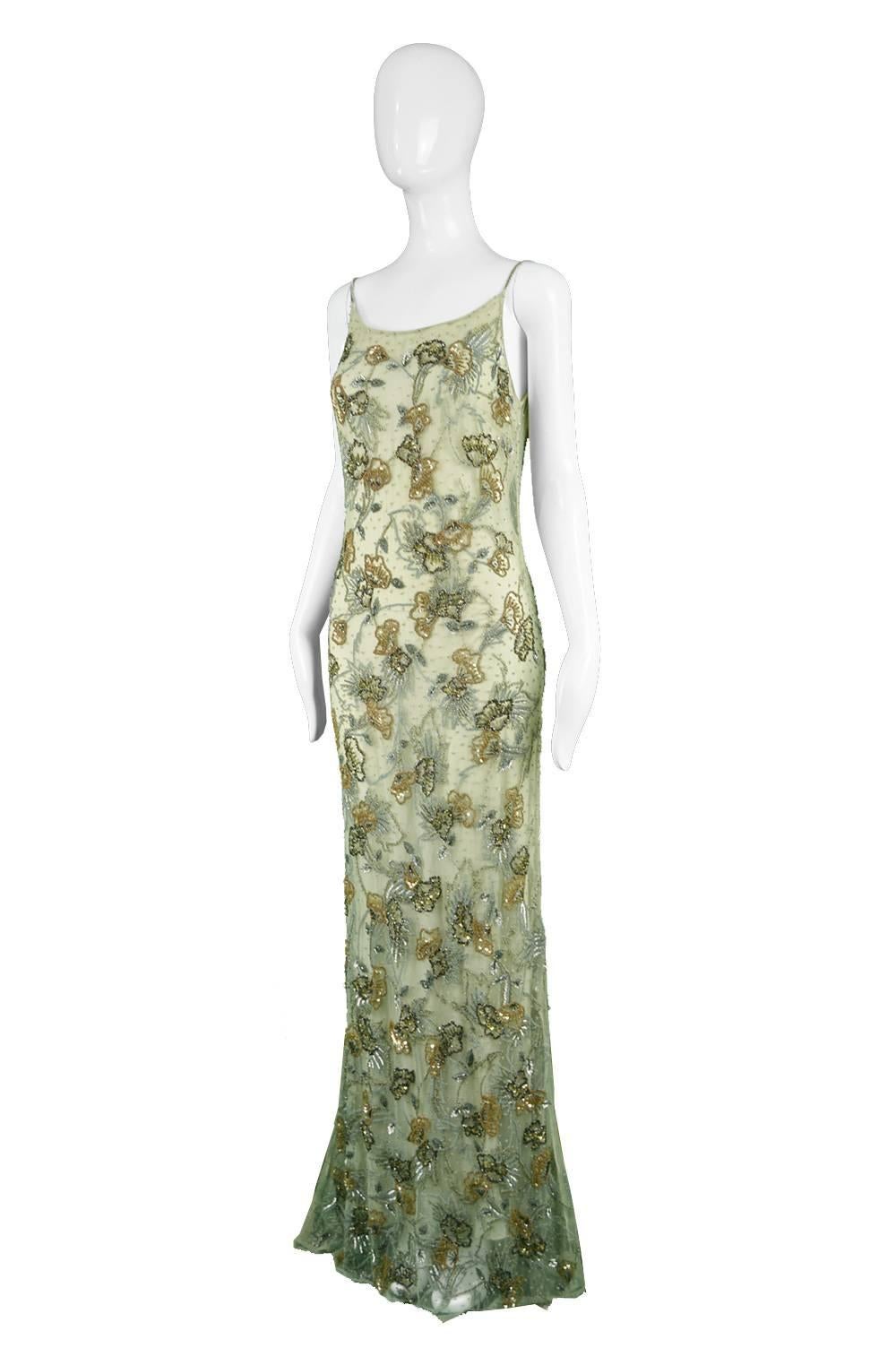 Genny Vintage Green Beaded Mesh Runway Backless Maxi Slip Dress, A / W 1998 In Excellent Condition In Doncaster, South Yorkshire
