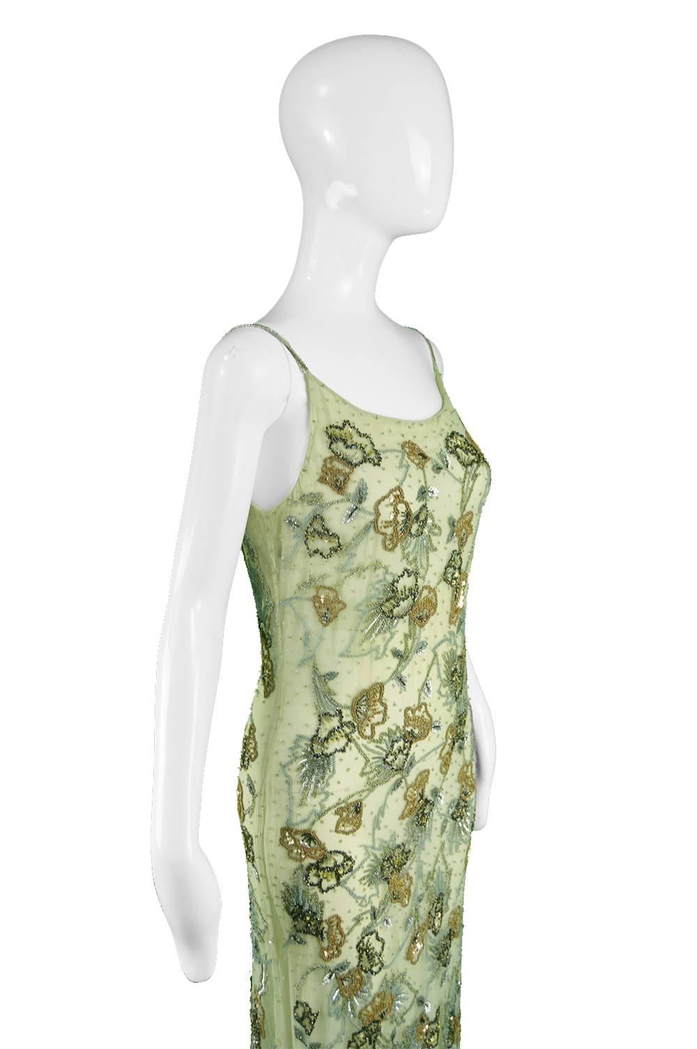 Genny Vintage Green Beaded Mesh Runway Backless Maxi Slip Dress, A / W 1998 2