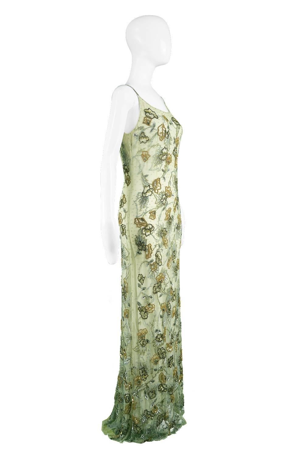 Genny Vintage Green Beaded Mesh Runway Backless Maxi Slip Dress, A / W 1998 3