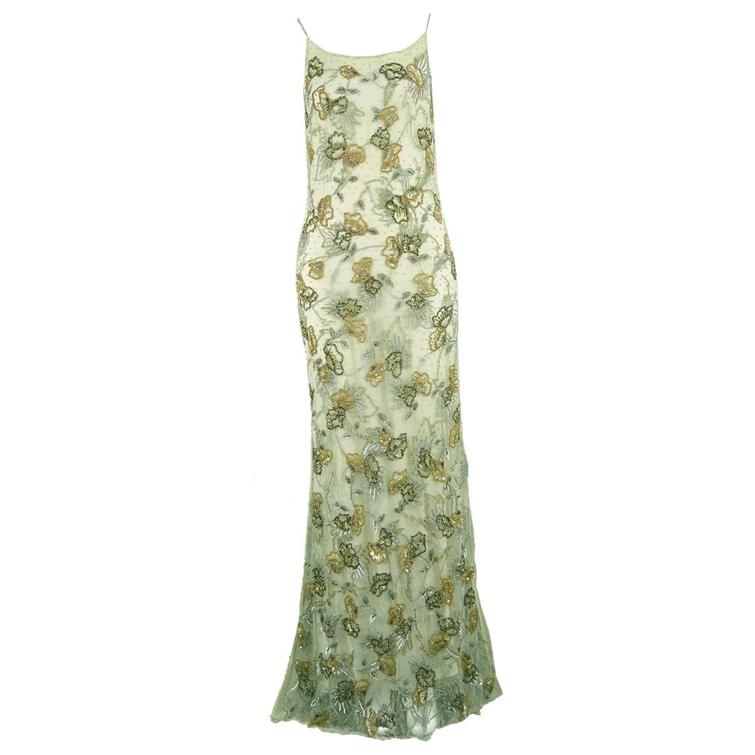 Genny Vintage Green Beaded Mesh Runway Backless Maxi Slip Dress, A / W 1998
