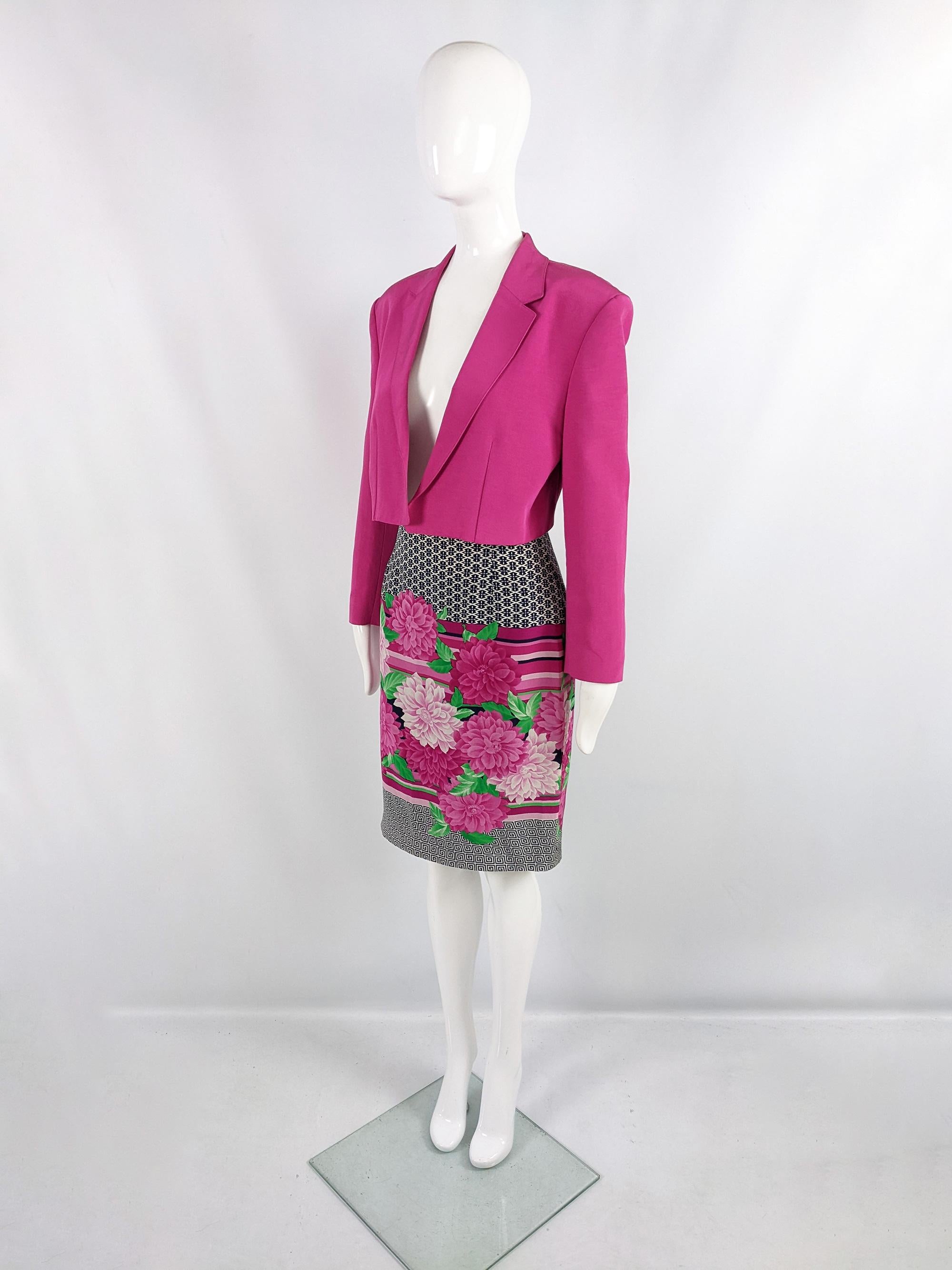 Genny Vintage Fuchsia Pink Cropped Blazer Belt & Floral Silk Skirt Suit, 1980s 1