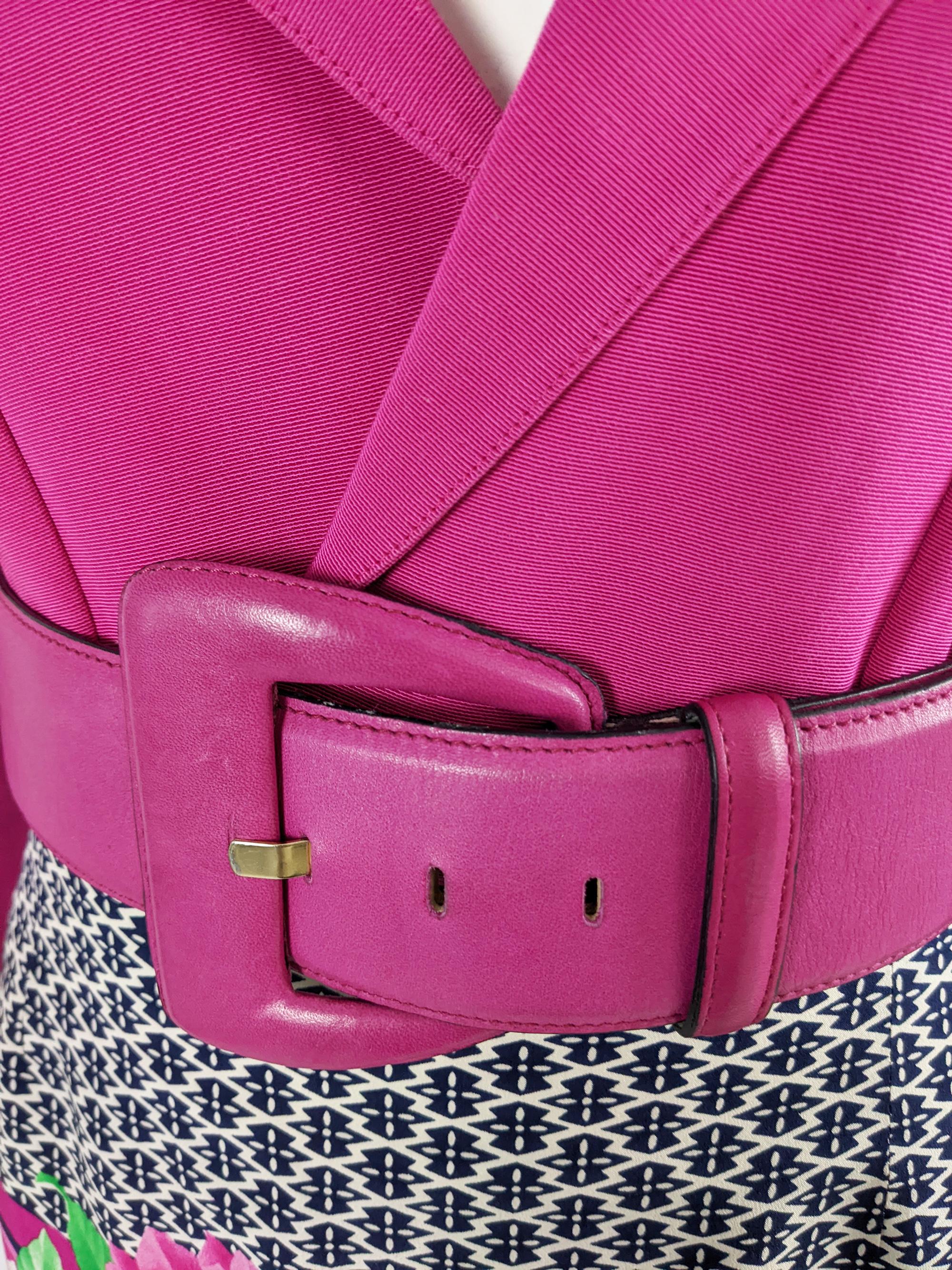 Genny Vintage Fuchsia Pink Cropped Blazer Belt & Floral Silk Skirt Suit, 1980s 2