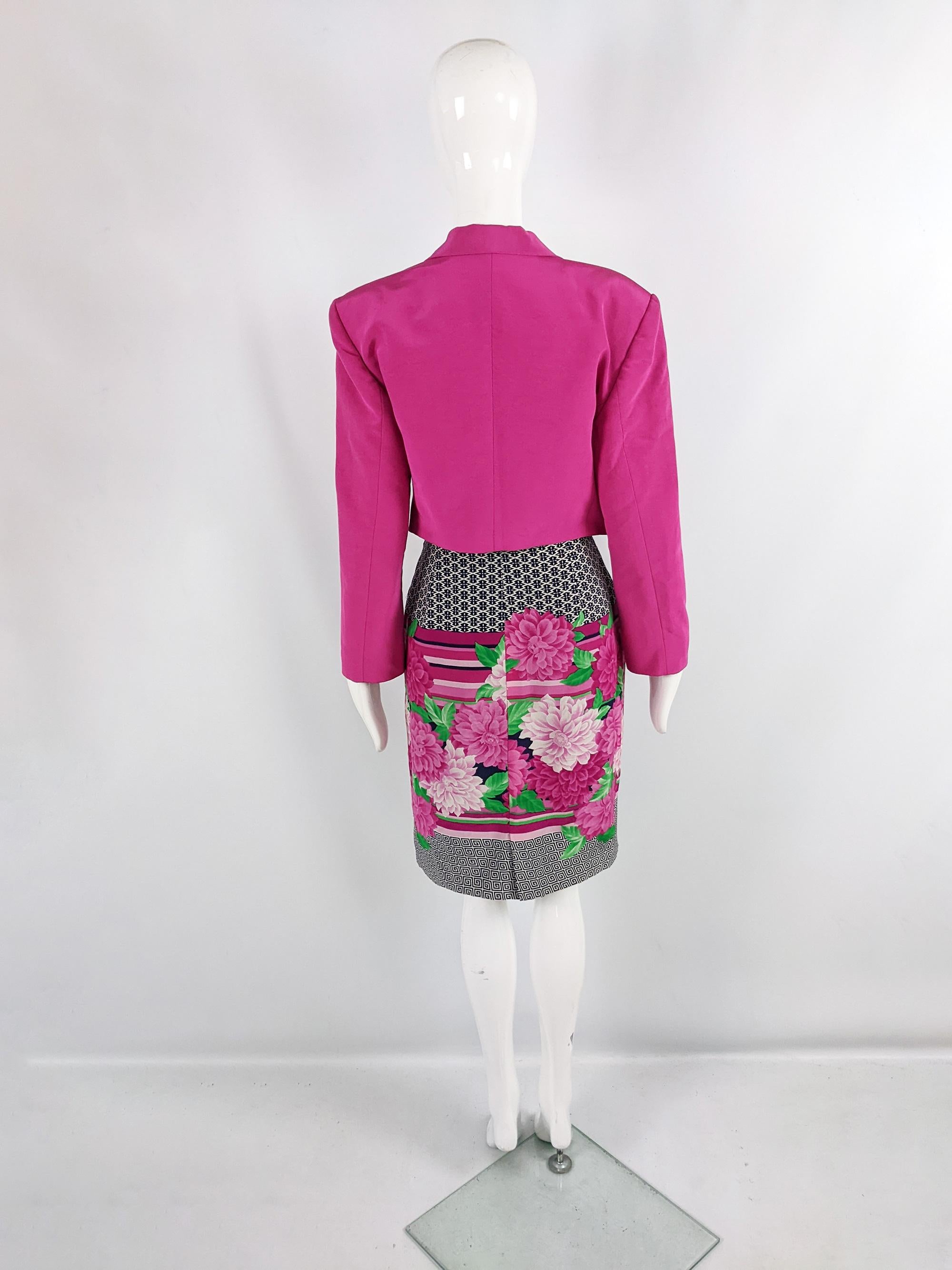 Genny Vintage Fuchsia Pink Cropped Blazer Belt & Floral Silk Skirt Suit, 1980s 3