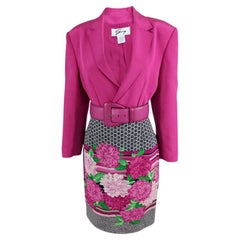 Genny Vintage Fuchsia Pink Cropped Blazer Belt & Floral Silk Skirt Suit, 1980s