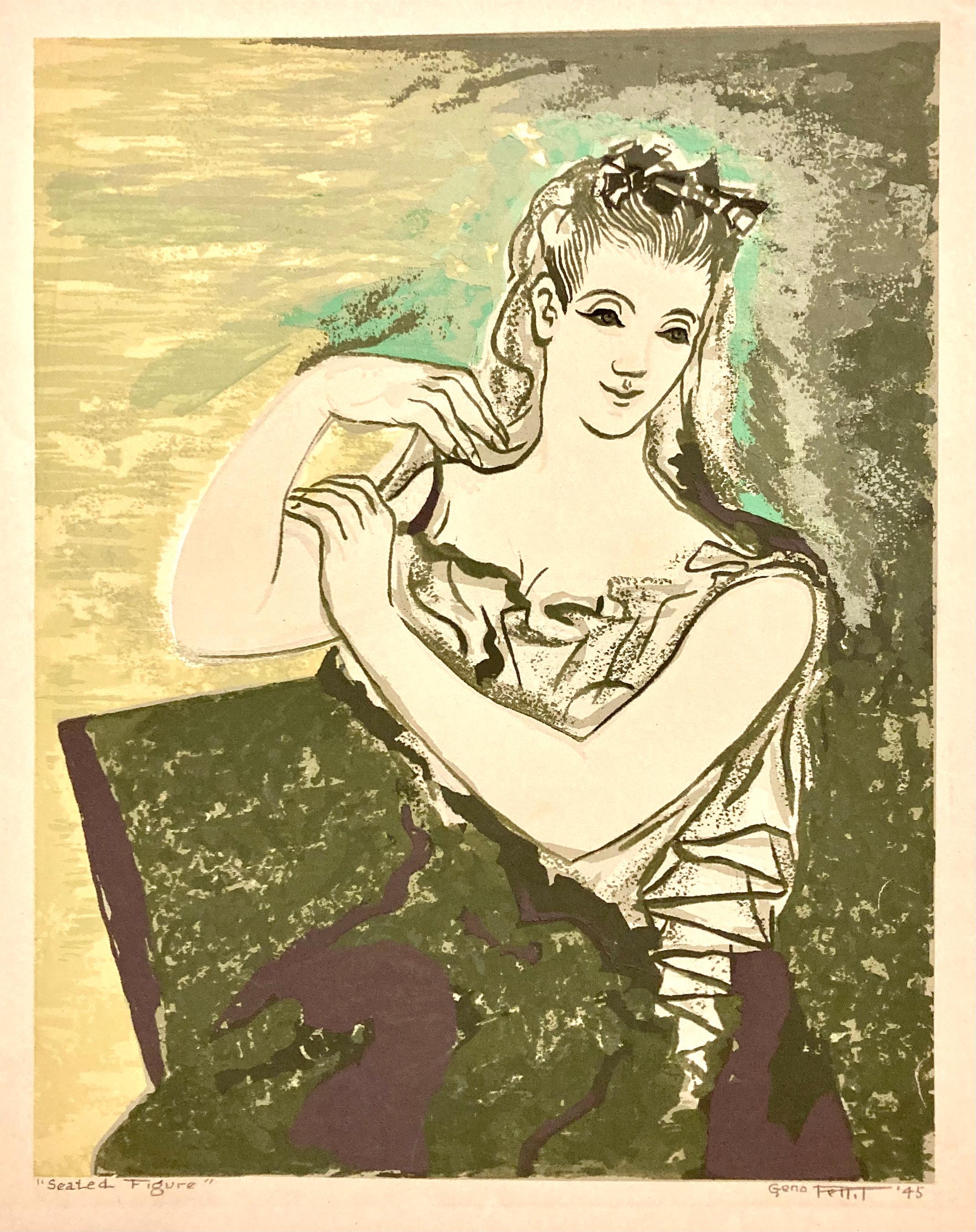 Seated Figure de Geno (parfois Genoi) Pettit, réalisée en 1945, est une image merveilleusement "moderne". La femme porte un chemisier ou une robe d'inspiration romaine et est représentée sur un fond jaune/vert, chartreuse. On a l'impression qu'elle