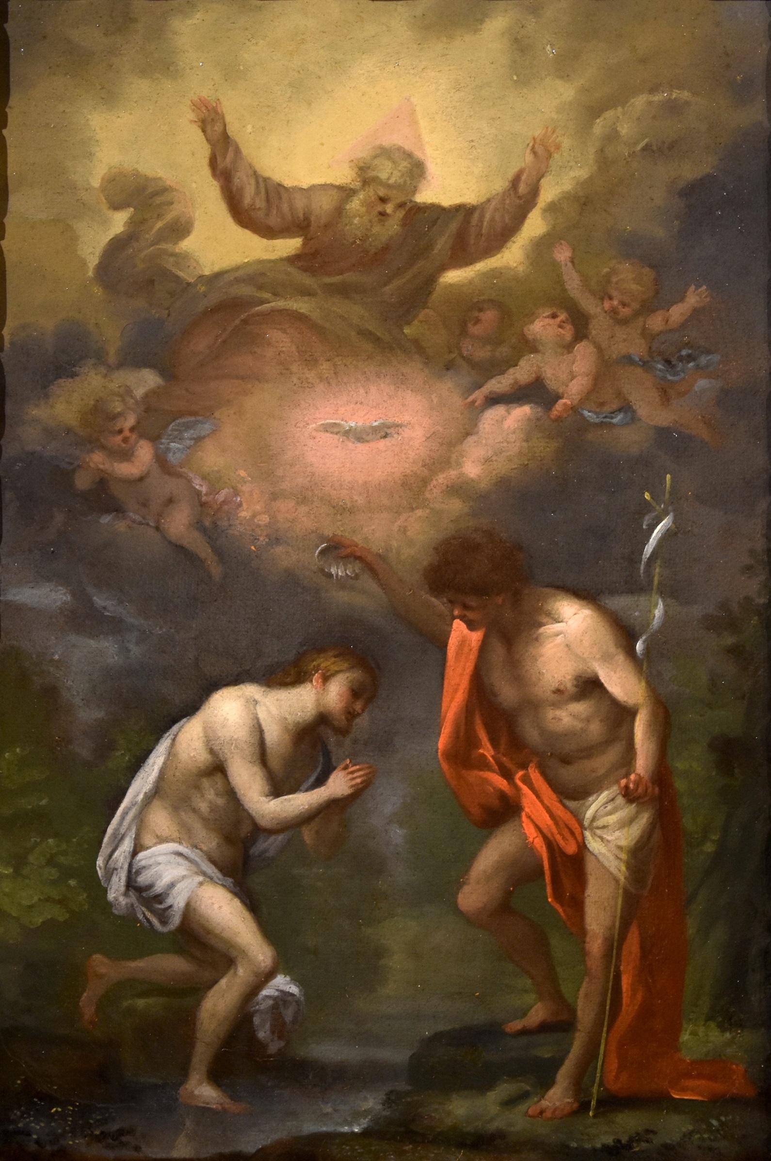 Baptism Christ God Paint Oil on canvas 17th Century Genoese School Old master - Painting by Genoese school of the late seventeenth century