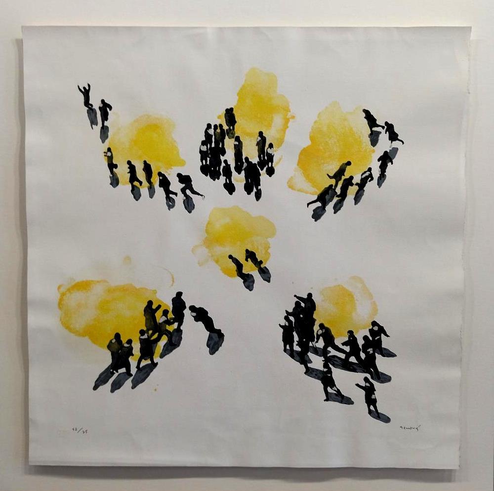 GENOVES, Juan Abstract Print - Genoves. Square  yellow  black  figures 1978  silkscreen on canvas.. 42/75