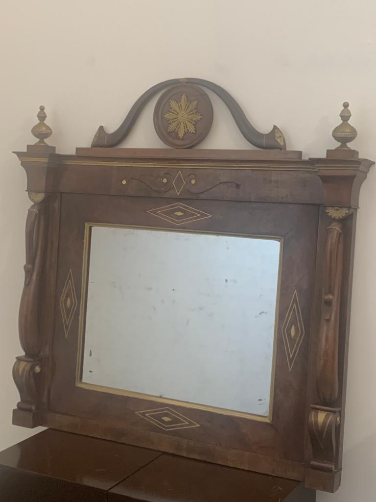 Italian Genovese Mirror With Walnut Inlays & Small Parts in Brass For Sale