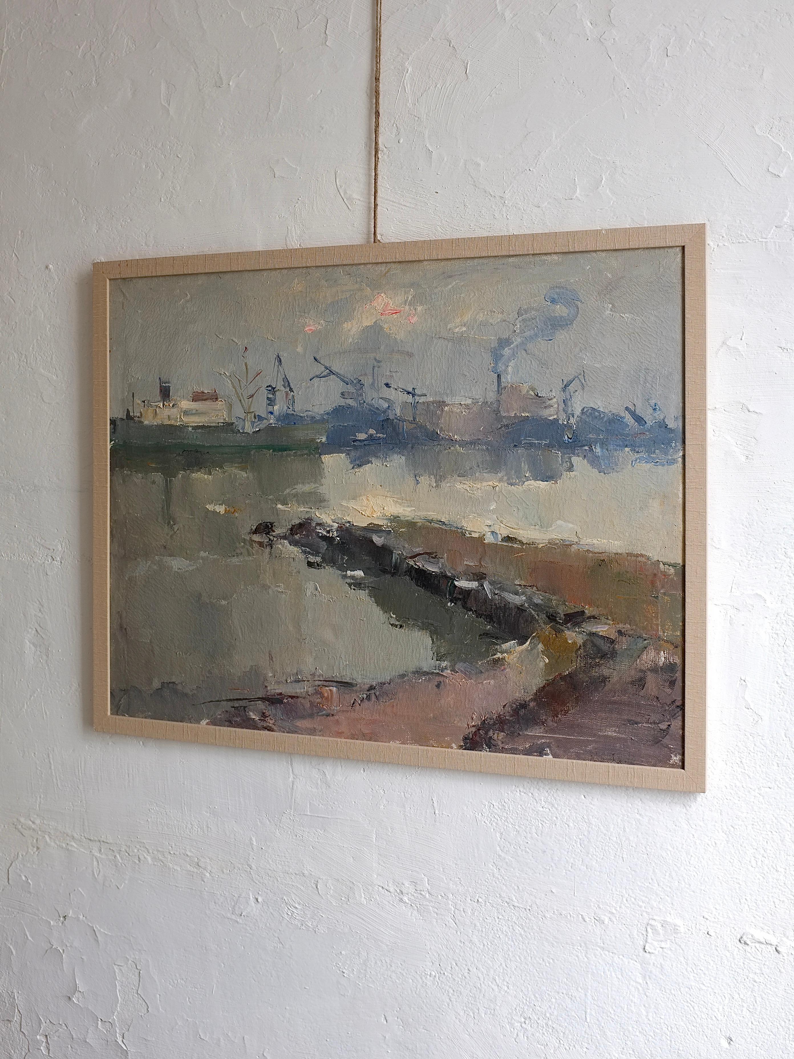 Un dipinto ad olio di genere vintage su cartone del pittore lettone Leonid Moshenkov (nato nel 1927). Mostra l'immagine della scena del porto. Non è firmato ma proviene dalla famiglia.