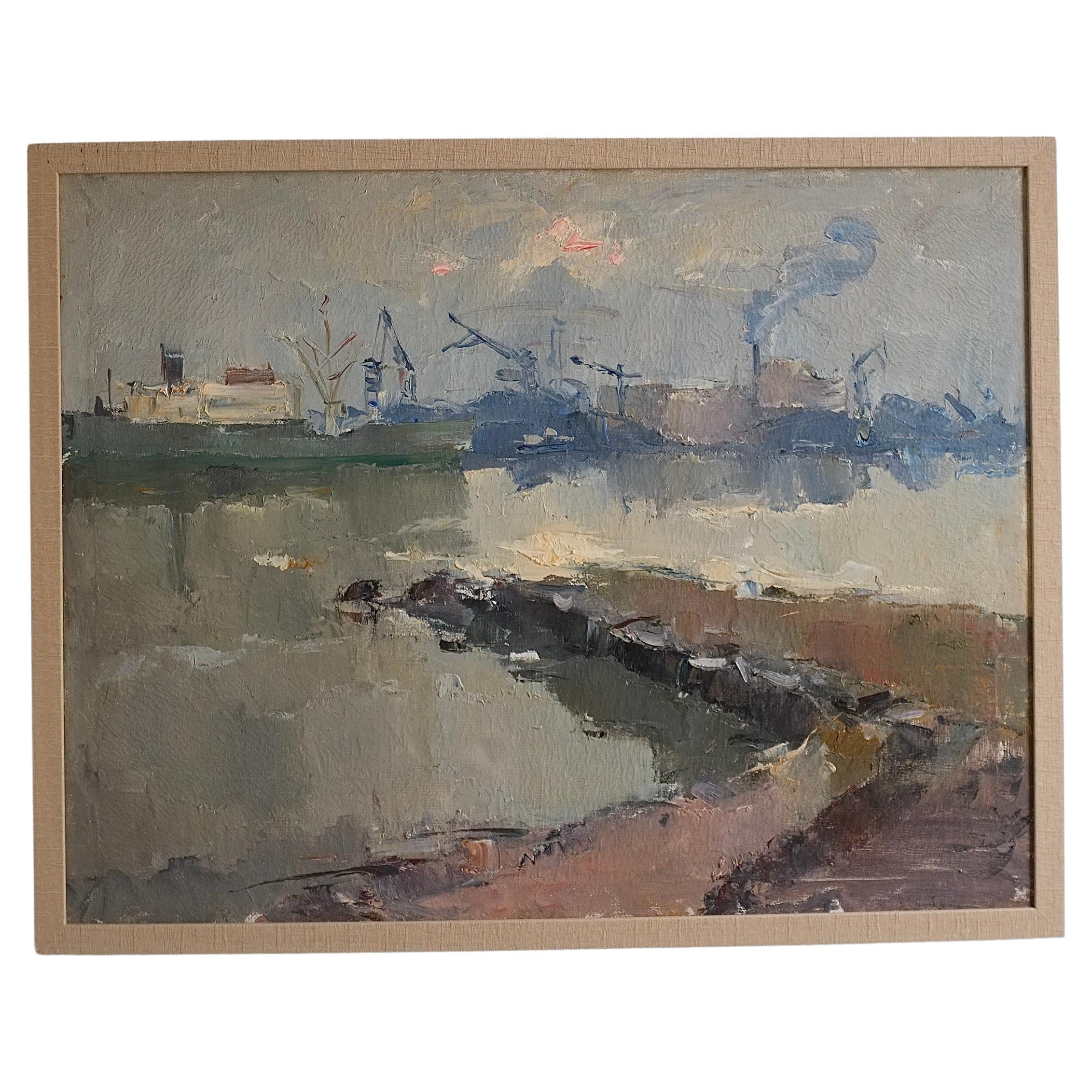 Genre Oil Painting "Port" by Leonid Moshenkov,  Latvia,  1980s