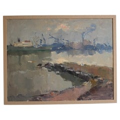 Genre Oil Painting "Port" by Leonid Moshenkov,  Latvia,  1980s