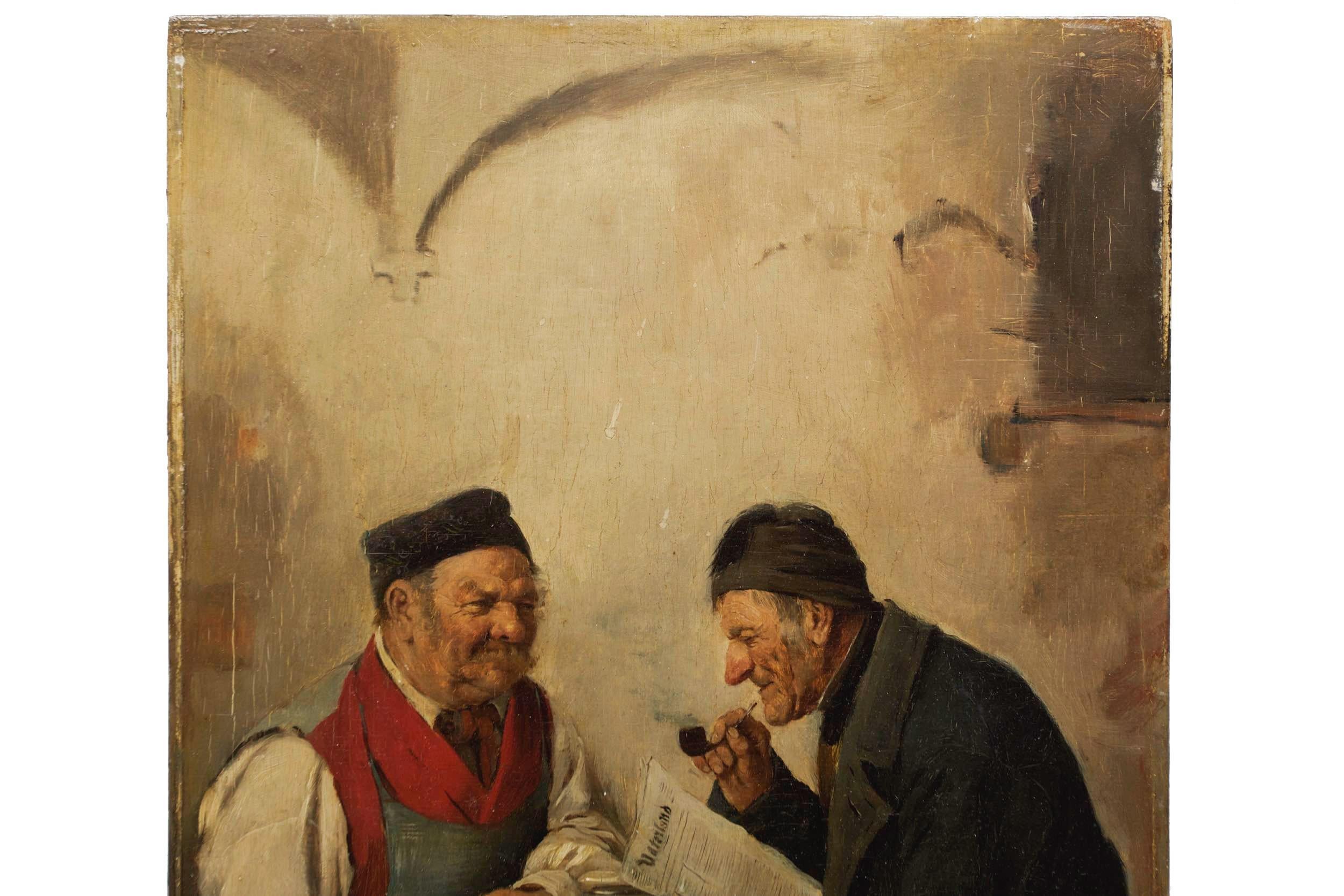 Romantique Peinture de genre d'hommes conversant par Hedwig Oehring (allemande, 1855-1907) en vente