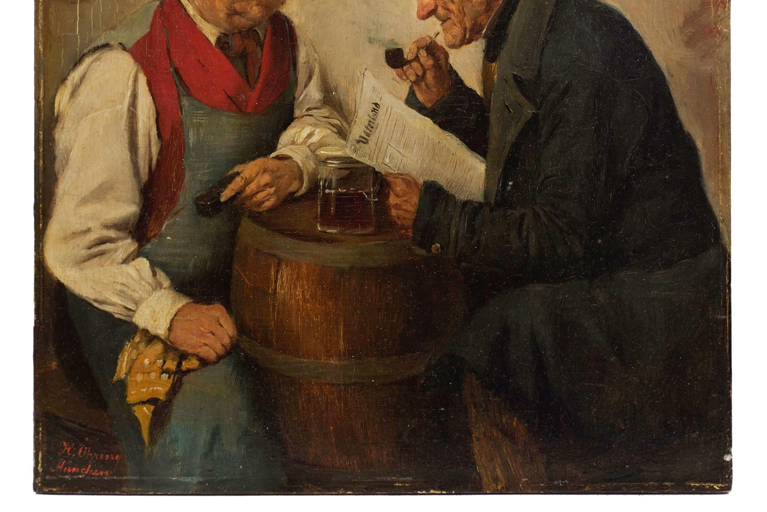 Allemand Peinture de genre d'hommes conversant par Hedwig Oehring (allemande, 1855-1907) en vente