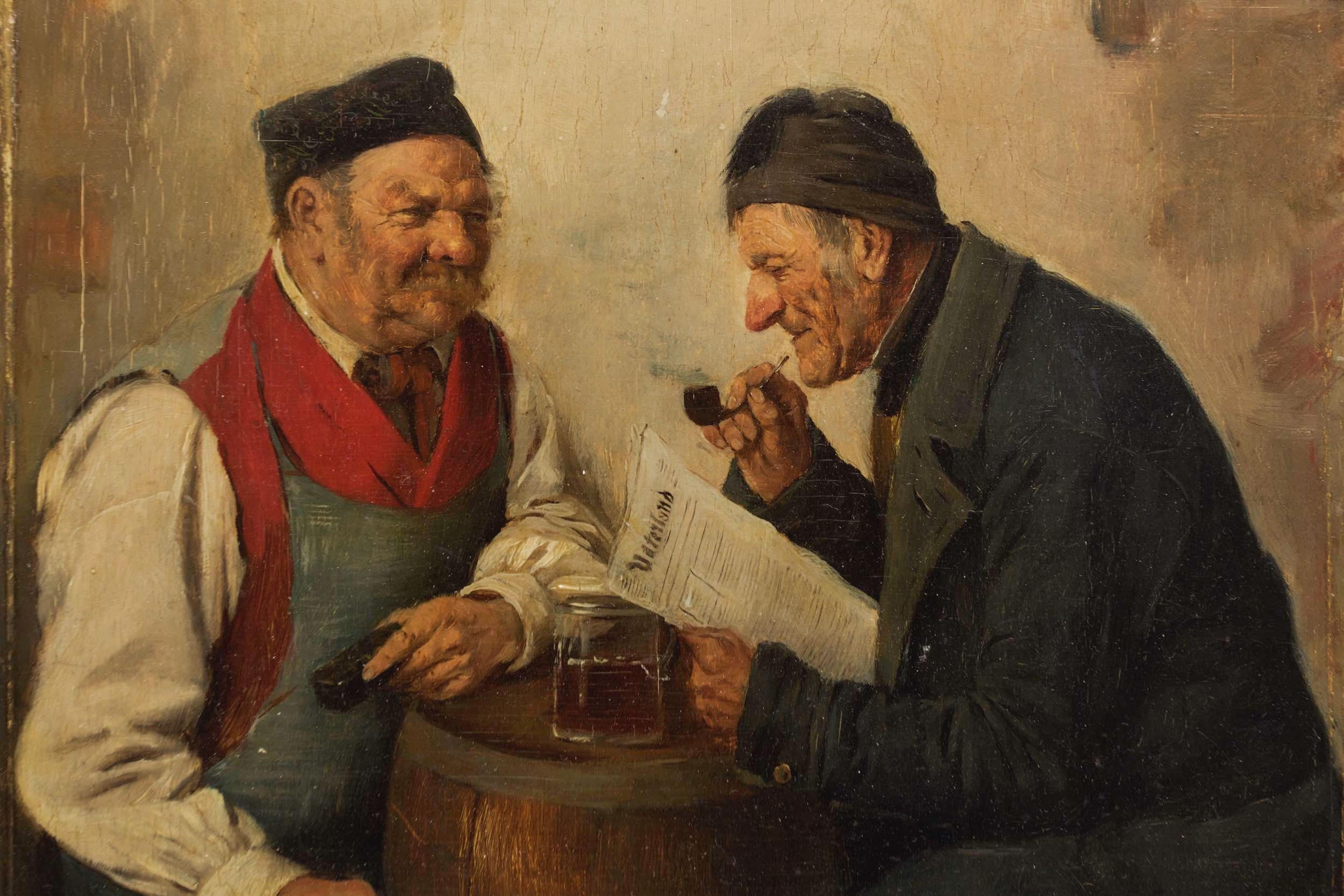 Hand-Painted Genre Painting of Men Conversing by Hedwig Oehring (German, 1855-1907) For Sale
