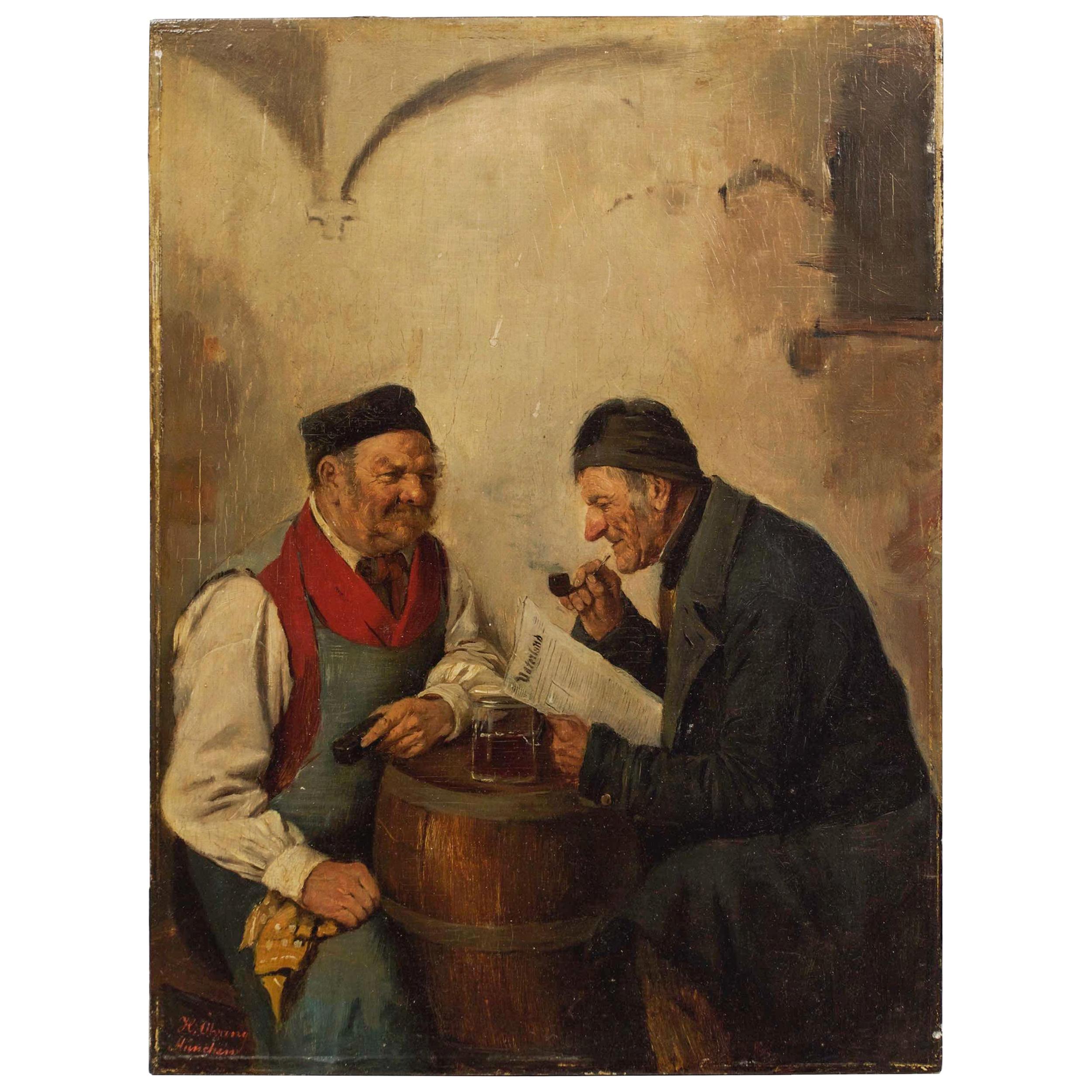 Genre Painting of Men Conversing by Hedwig Oehring (German, 1855-1907) For Sale