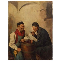 Antique Genre Painting of Men Conversing by Hedwig Oehring (German, 1855-1907)