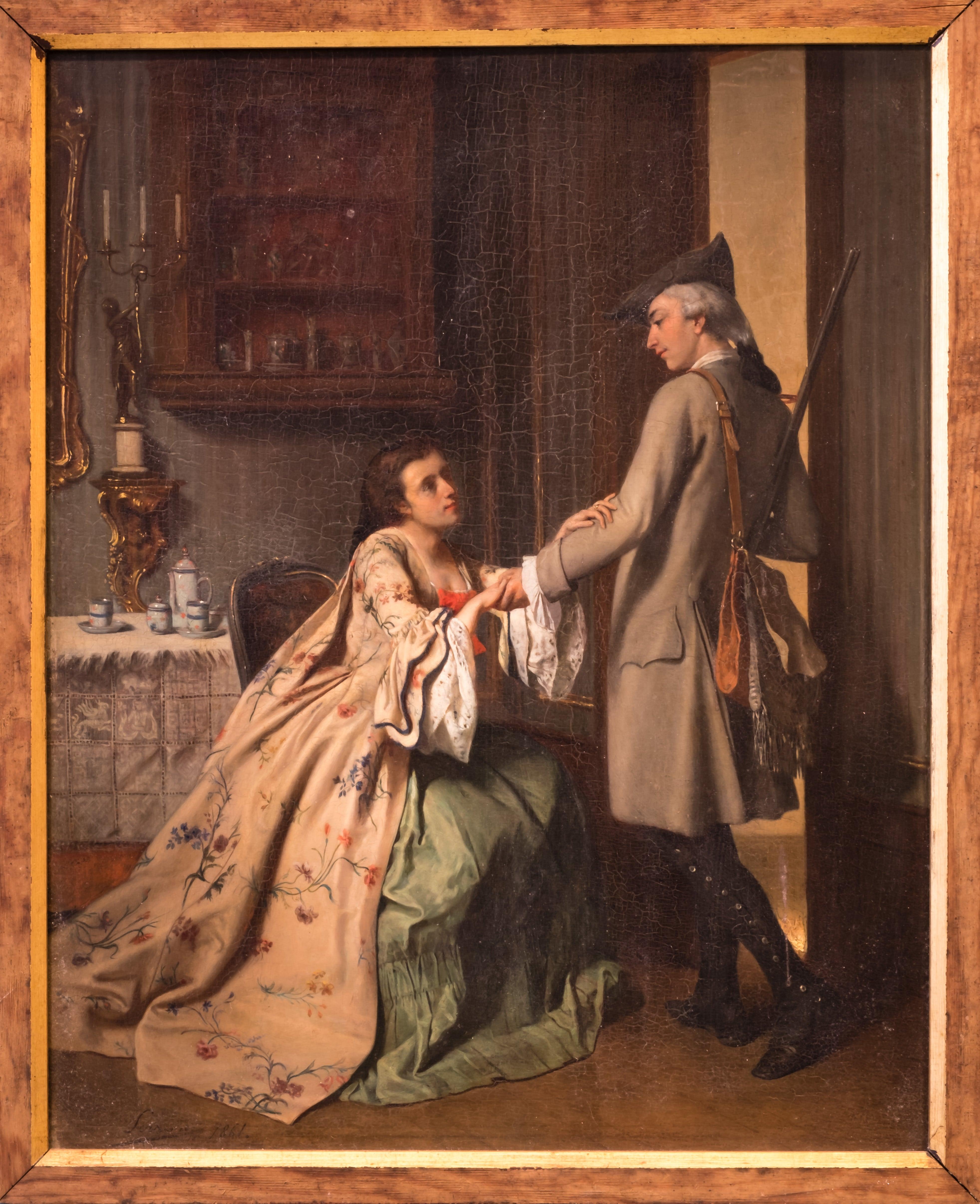 Painting depicting a scene of a couple, saying good-byes. 
The lady seated on a chair and wearing an elegant and elaborately crafted gown in the taste of 18th century.
A similar painting of this type is the well-known “The Black Brunswicker”