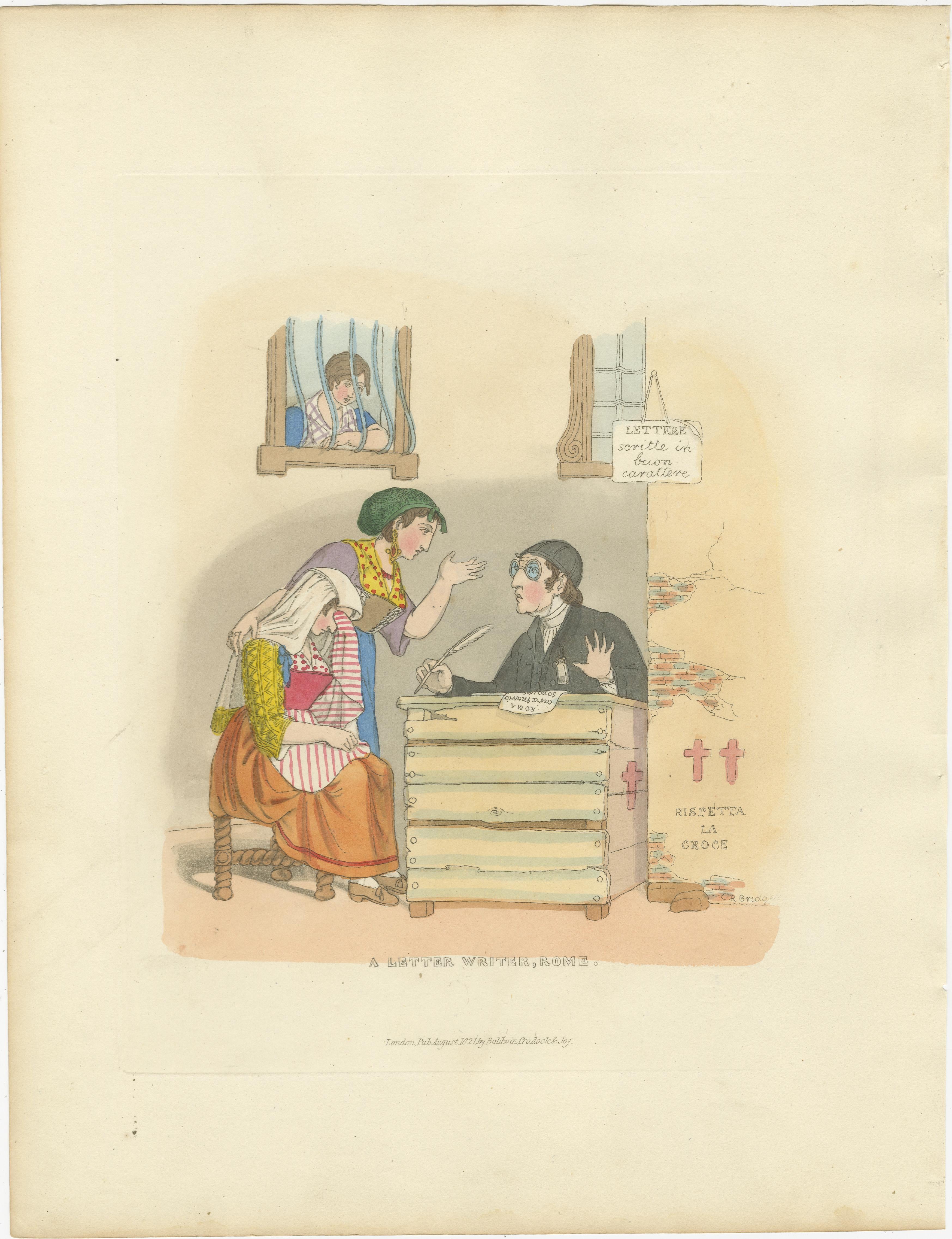 Genre-Szene Druck: Ein Briefschreiber in Rom, 1820er Jahre Handkolorierter Kupferstich

Dieser entzückende handkolorierte Stich mit dem Titel *A Letter Writer, Rome* (Ein Briefschreiber, Rom) fängt einen charmanten und heute verschwundenen Moment