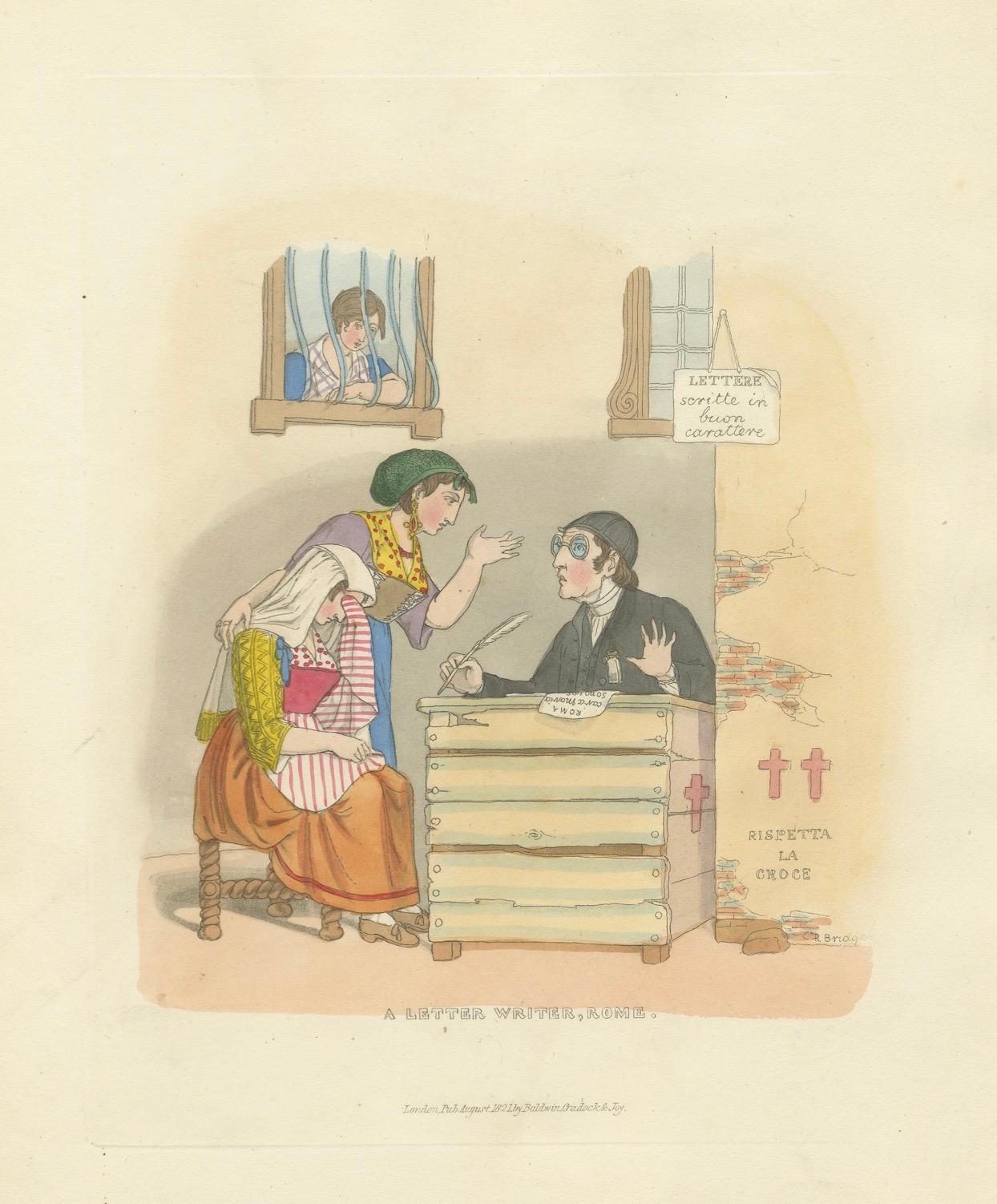 Genre-Szene Druck: Ein Briefschreiber in Rom, 1820er Jahre Handkolorierter Kupferstich im Zustand „Gut“ im Angebot in Langweer, NL