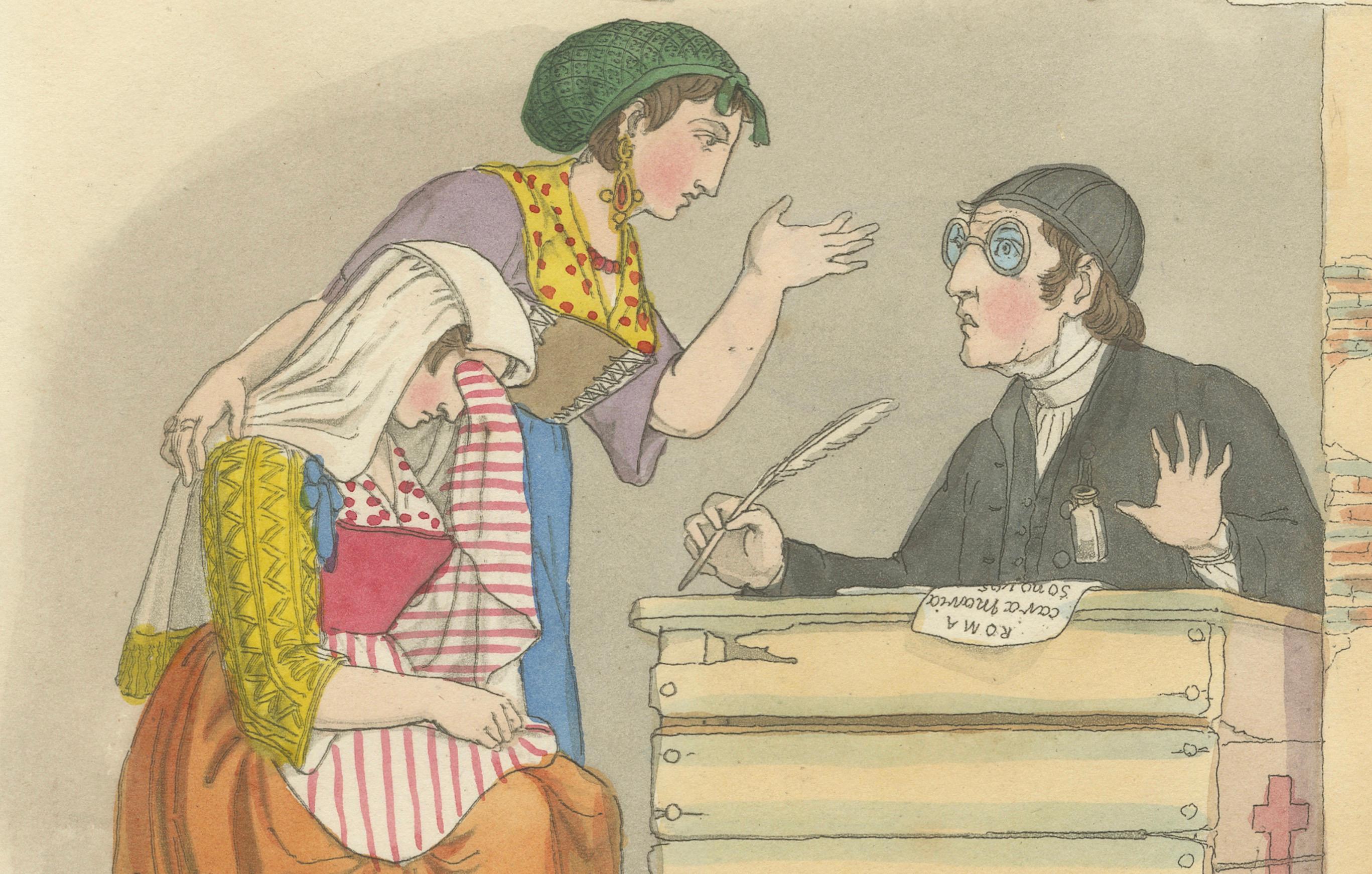 Genre-Szene Druck: Ein Briefschreiber in Rom, 1820er Jahre Handkolorierter Kupferstich (Frühes 19. Jahrhundert) im Angebot