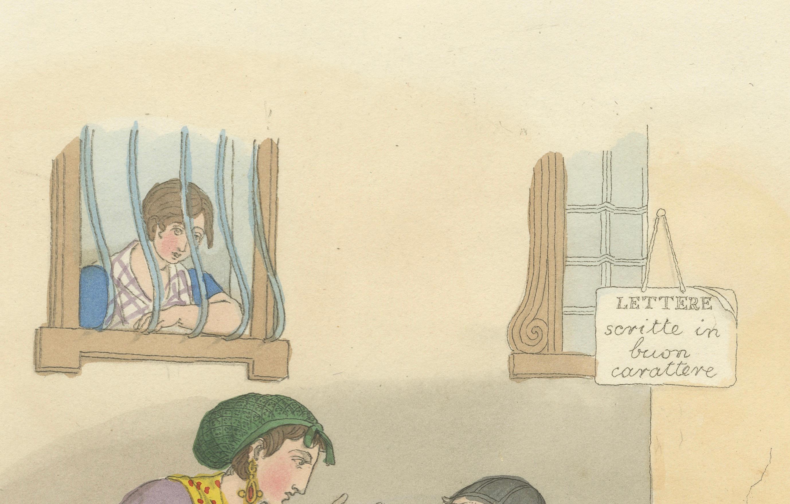 Genre-Szene Druck: Ein Briefschreiber in Rom, 1820er Jahre Handkolorierter Kupferstich (Papier) im Angebot