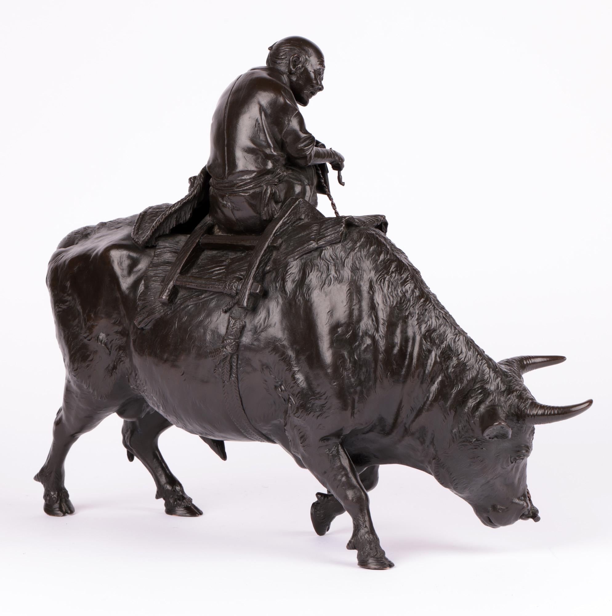 Genryusai Seiya Japanese Meiji Man & Water Buffalo Sculpture on Stand For Sale 9