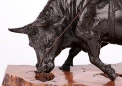 Genryusai Seiya Japanese Meiji Man & Water Buffalo Sculpture on Stand