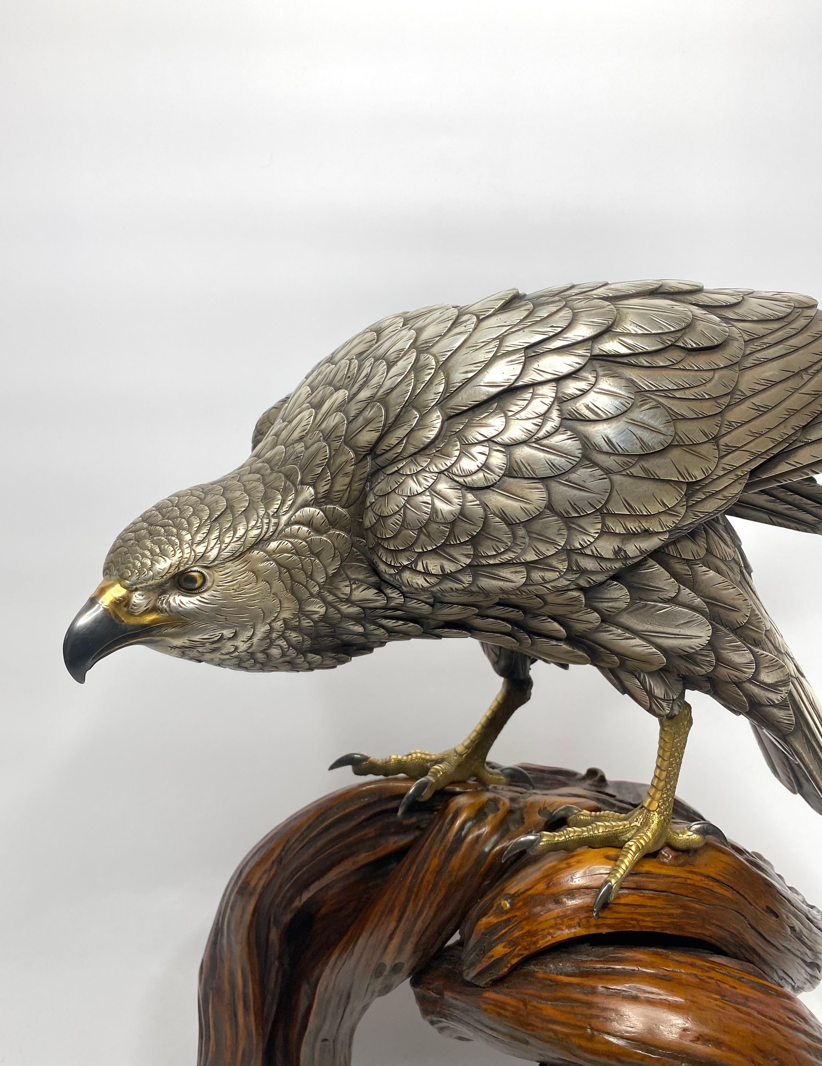 A fine Japanese silvered bronze okimono of a Sea Eagle, Genryusai Seiya, Meiji Period (1868 -1912). The powerfully modelled bird of prey, is beautifully detailed, with silvered plumage, gilded legs, and claws, with extremely sharp shakudo talons.