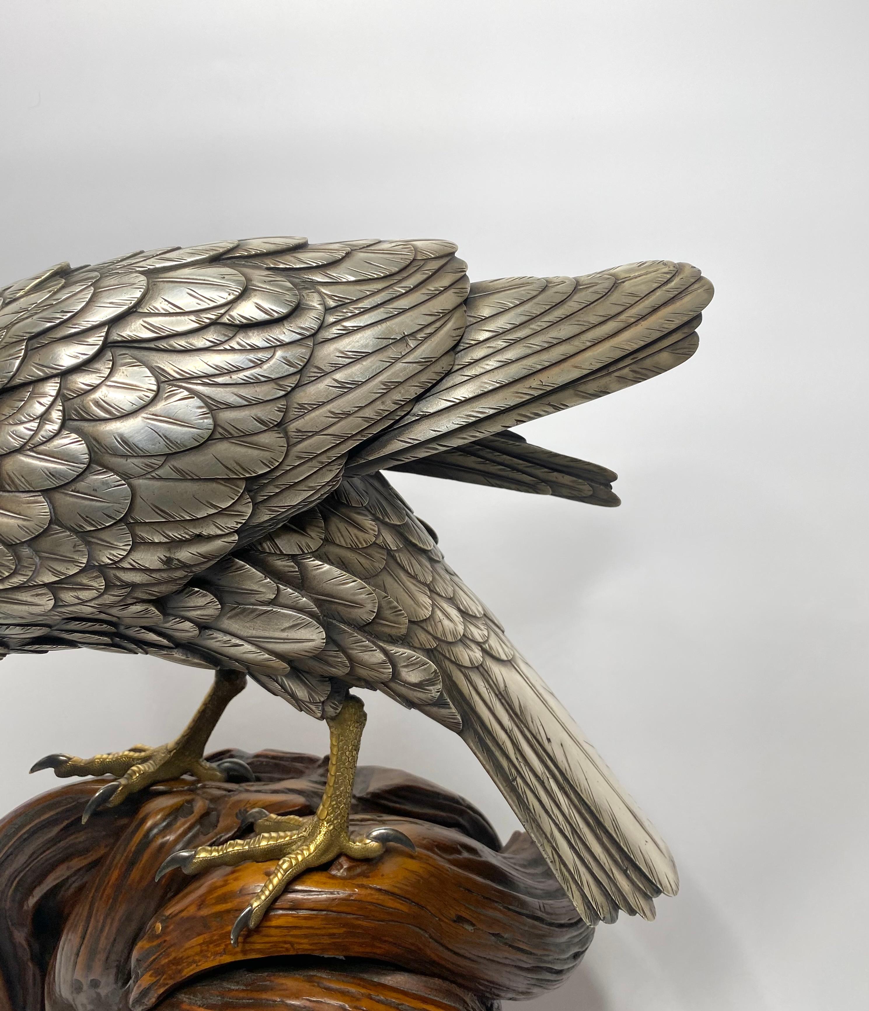 Japanese Genryusai Seiya Silvered Bronze Sea Eagle Okimono, Japan, Meiji Period