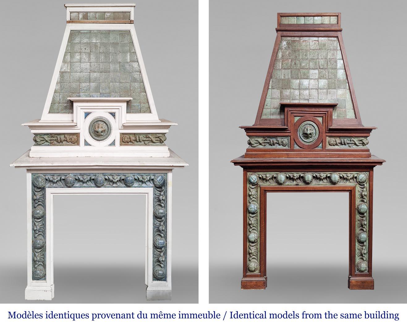 Crafted in the early 20th century, this fireplace in oak and blue stoneware is a creation by the Parisian firm Gentil & Bourdet, founded in 1904. The stoneware panels framing the hearth feature prominent Egyptian scarabs in high relief, interwoven