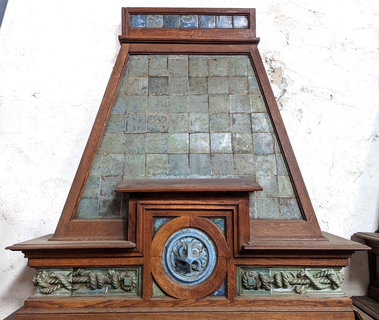 Enameled GENTIL & BOURDET – Oak and Blue Stoneware Fireplace with Egyptian Revival Motifs For Sale