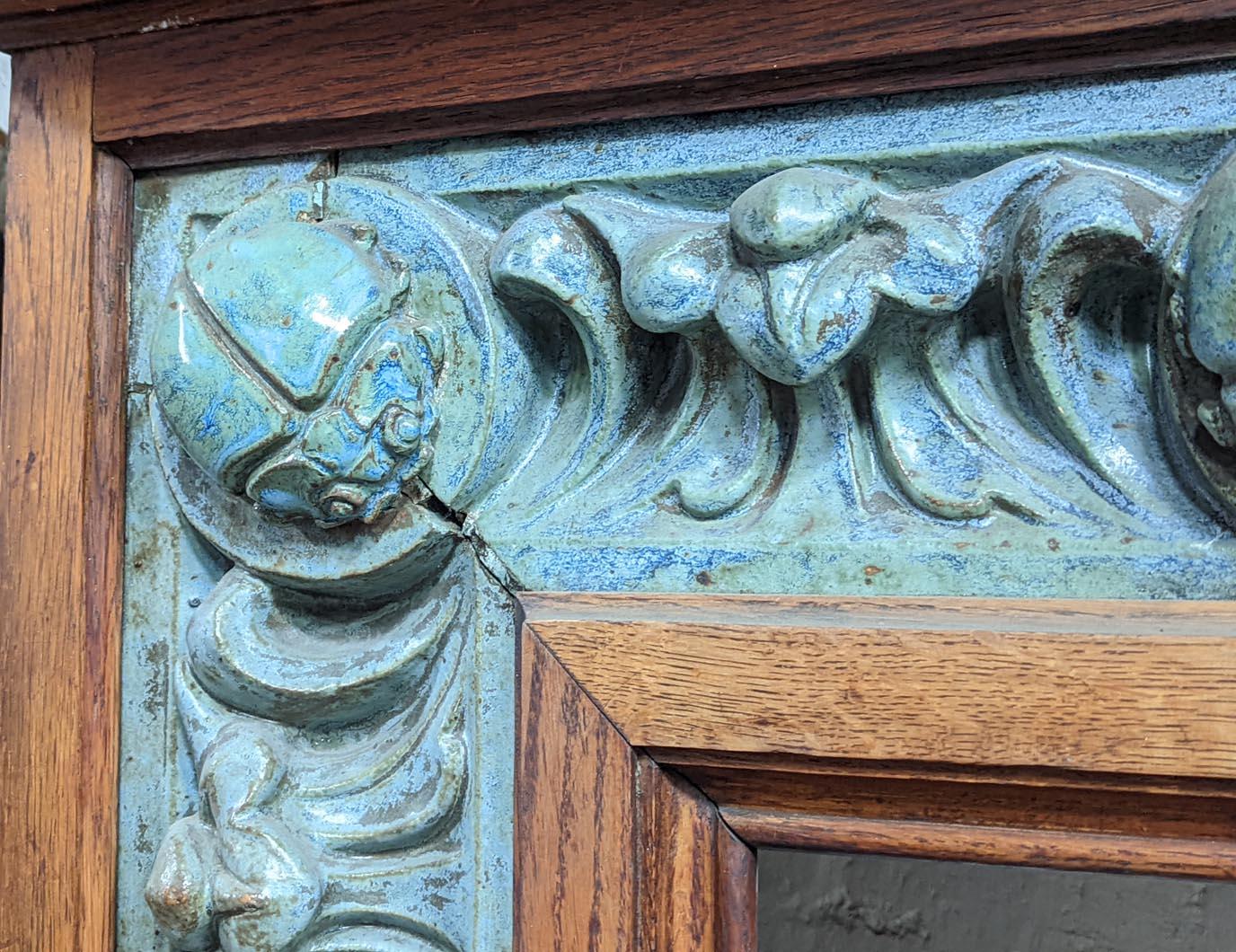 GENTIL & BOURDET – Oak and Blue Stoneware Fireplace with Egyptian Revival Motifs For Sale 2