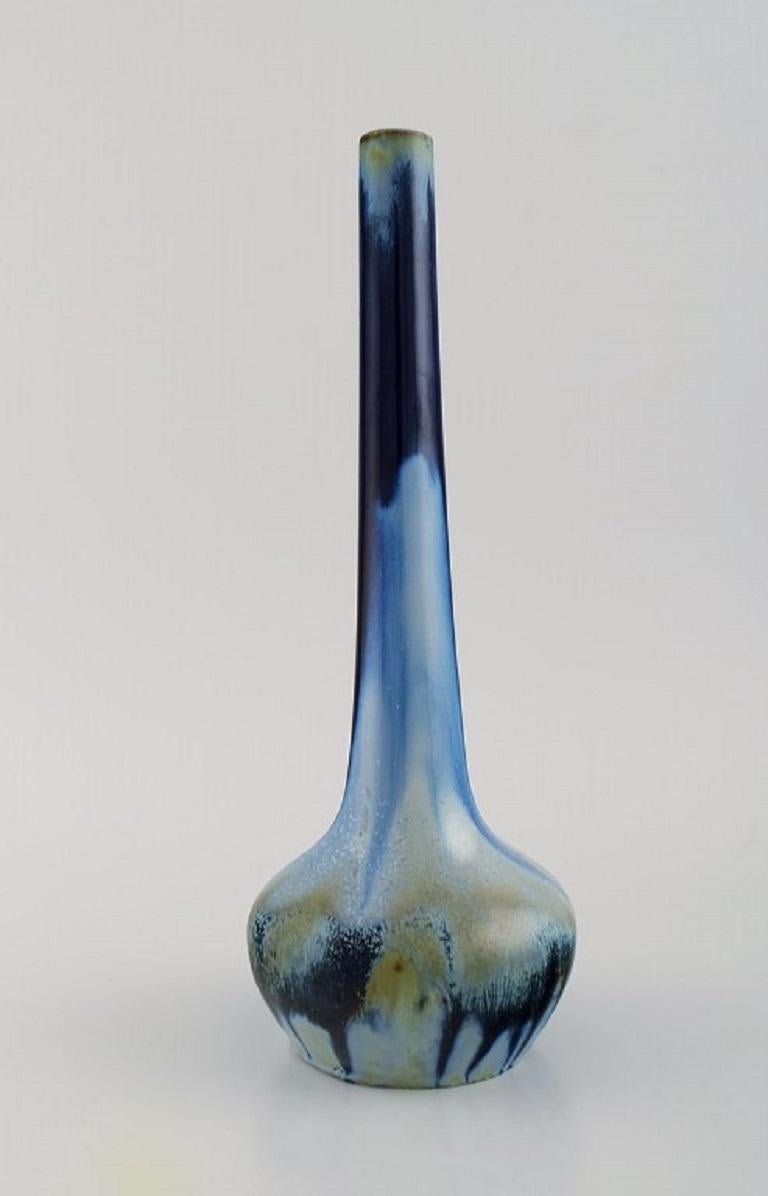 French Gentil Sourdet, France, Long Necked Vase in Glazed Stoneware, Mid-20th C For Sale