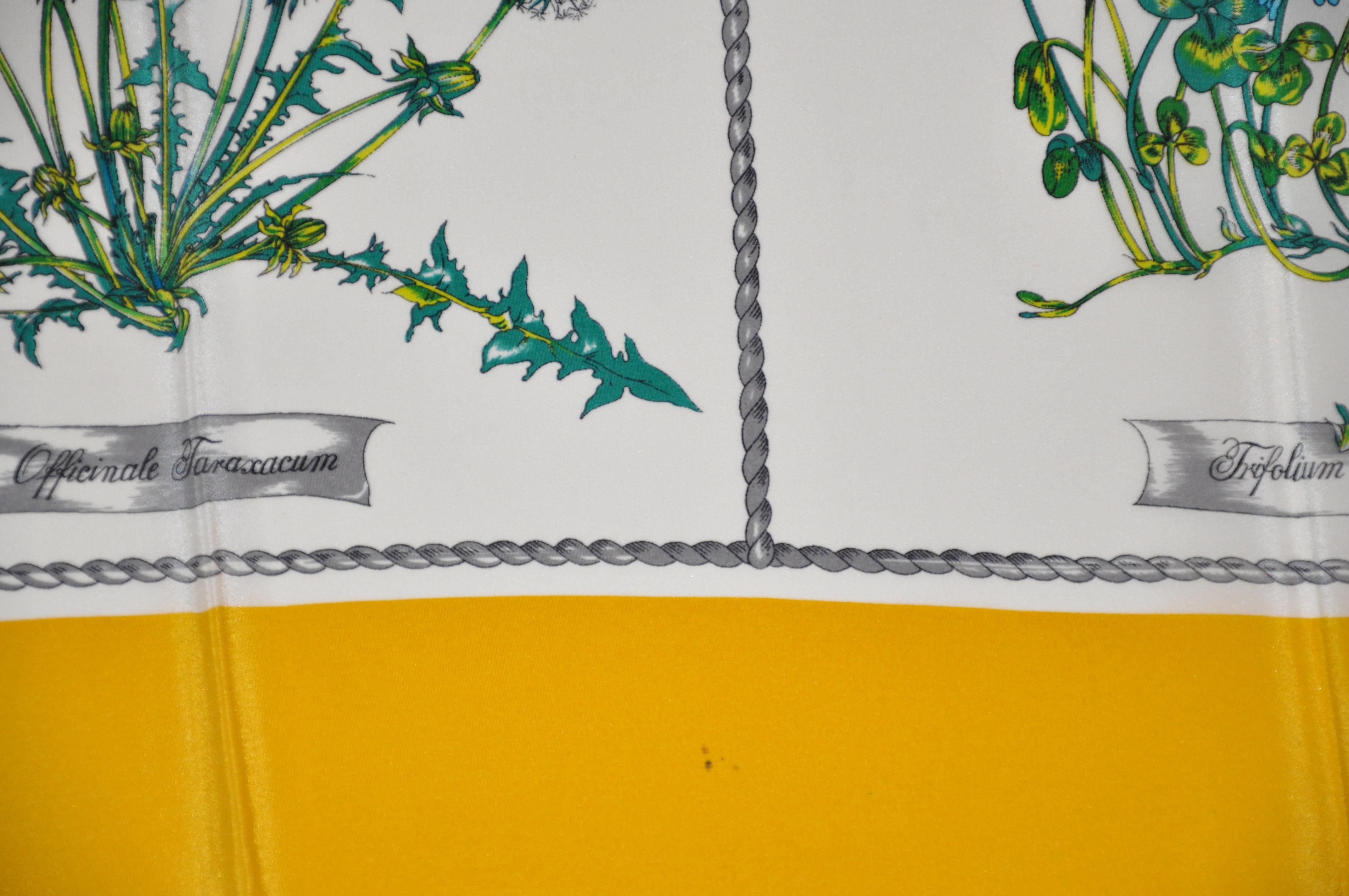 Foulard en soie Gentilucci merveilleusement détaillé avec des bordures jaune profond entourant des collections détaillées de fleurs mesure 34 pouces par 34 pouces accentué avec des bords roulés à la main. Fabriquées en Italie.