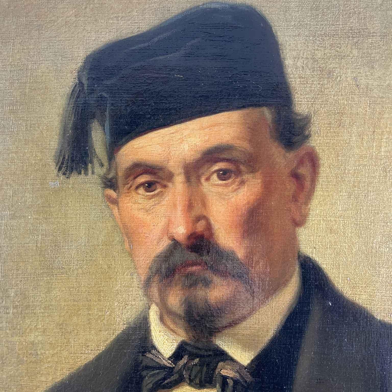Giuseppe Penuti Portrait Of Gentleman With Dog Bracco 1868 oil painting on canvas depicting a man in elegant dark clothes embellished with jewelry, brooches, and watches. The man is portrayed sitting in a garden while stroking the head of a hunting